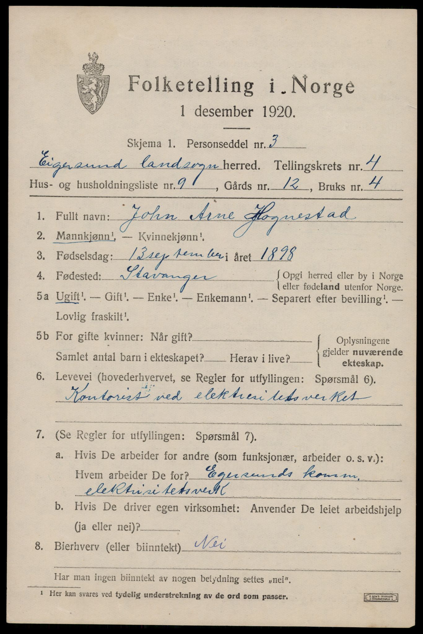 SAST, 1920 census for Eigersund, 1920, p. 2907