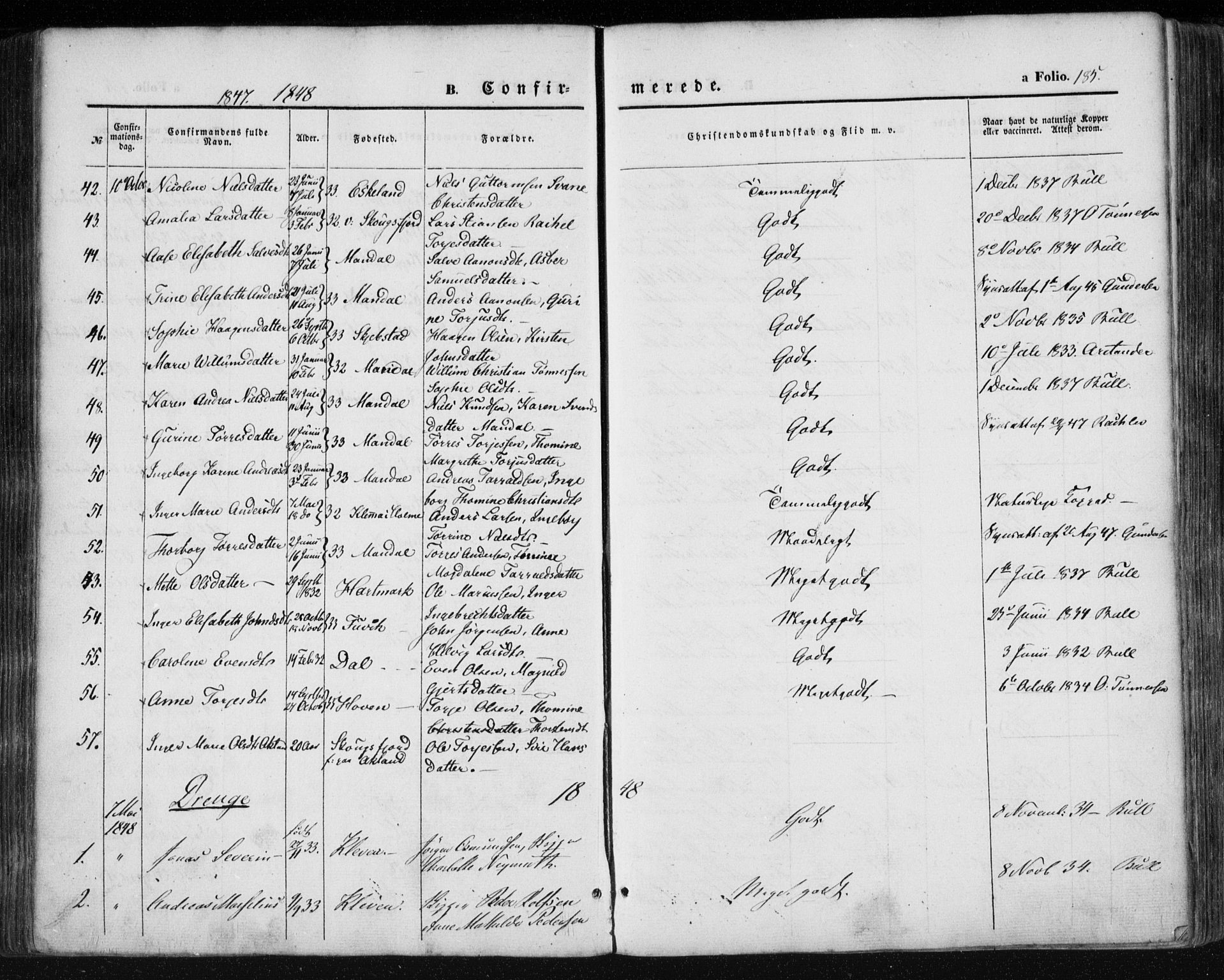 Mandal sokneprestkontor, SAK/1111-0030/F/Fa/Faa/L0013: Parish register (official) no. A 13, 1847-1859, p. 185