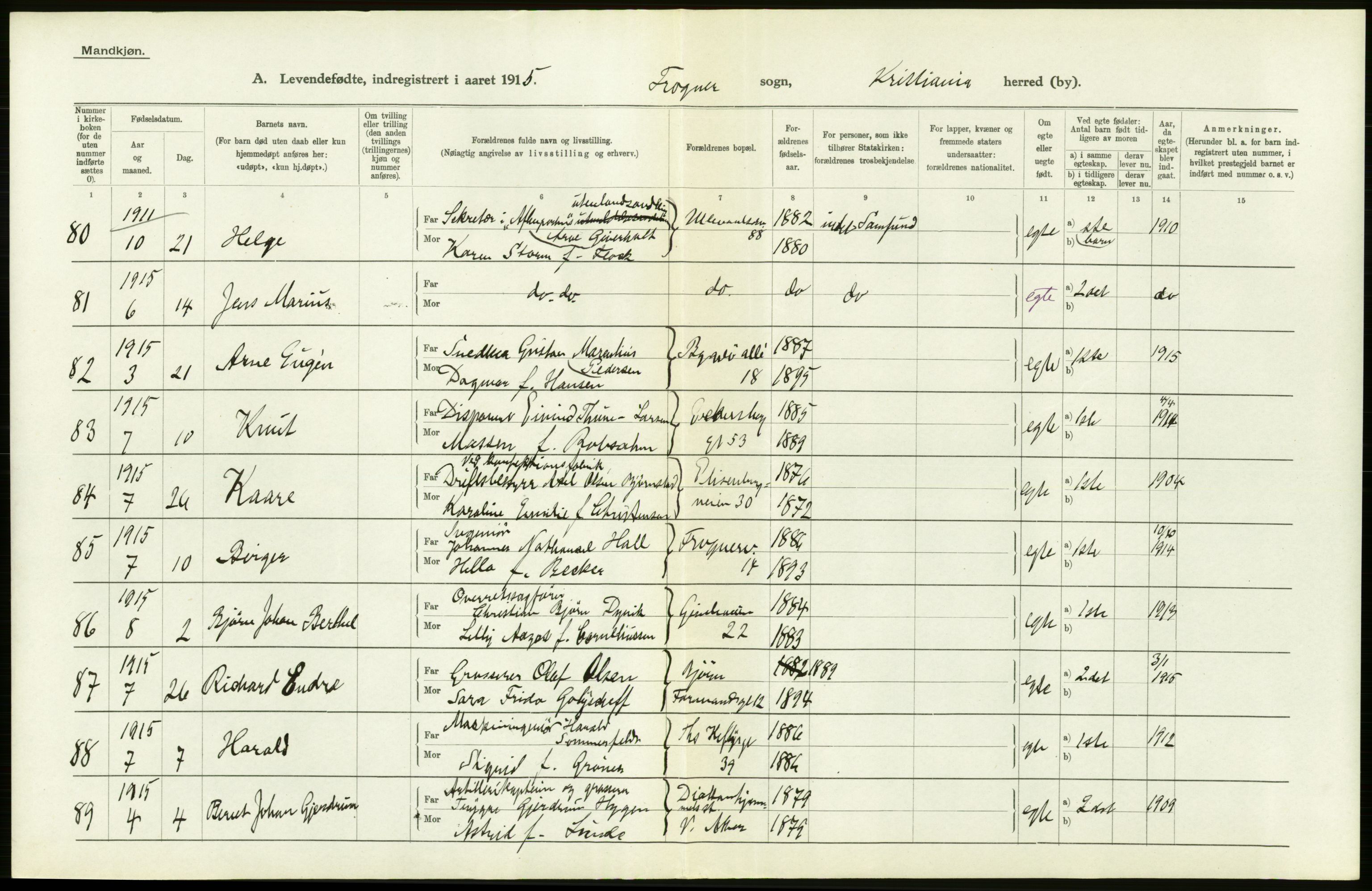 Statistisk sentralbyrå, Sosiodemografiske emner, Befolkning, AV/RA-S-2228/D/Df/Dfb/Dfbe/L0007: Kristiania: Levendefødte menn og kvinner., 1915, p. 556