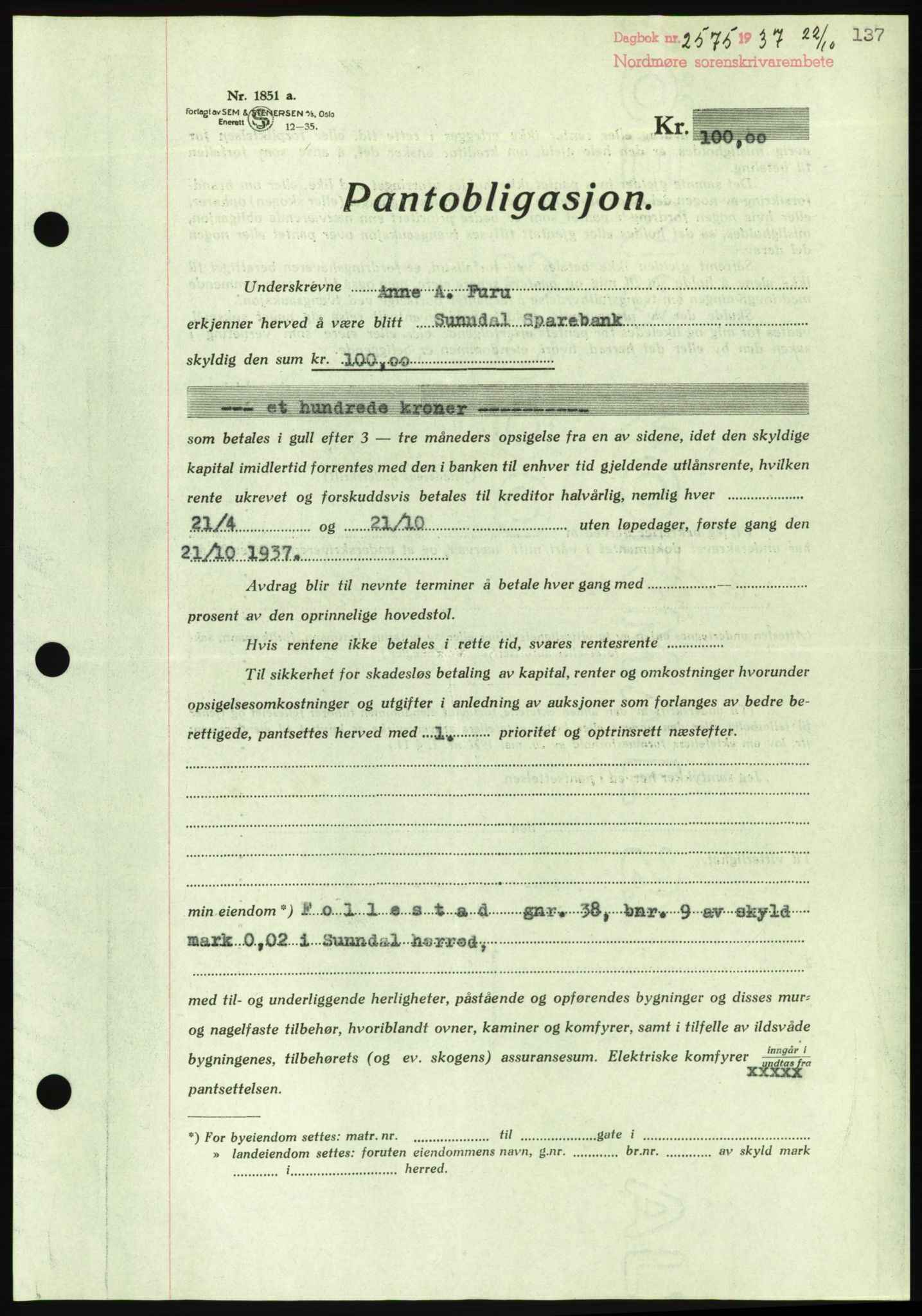 Nordmøre sorenskriveri, AV/SAT-A-4132/1/2/2Ca/L0092: Mortgage book no. B82, 1937-1938, Diary no: : 2575/1937