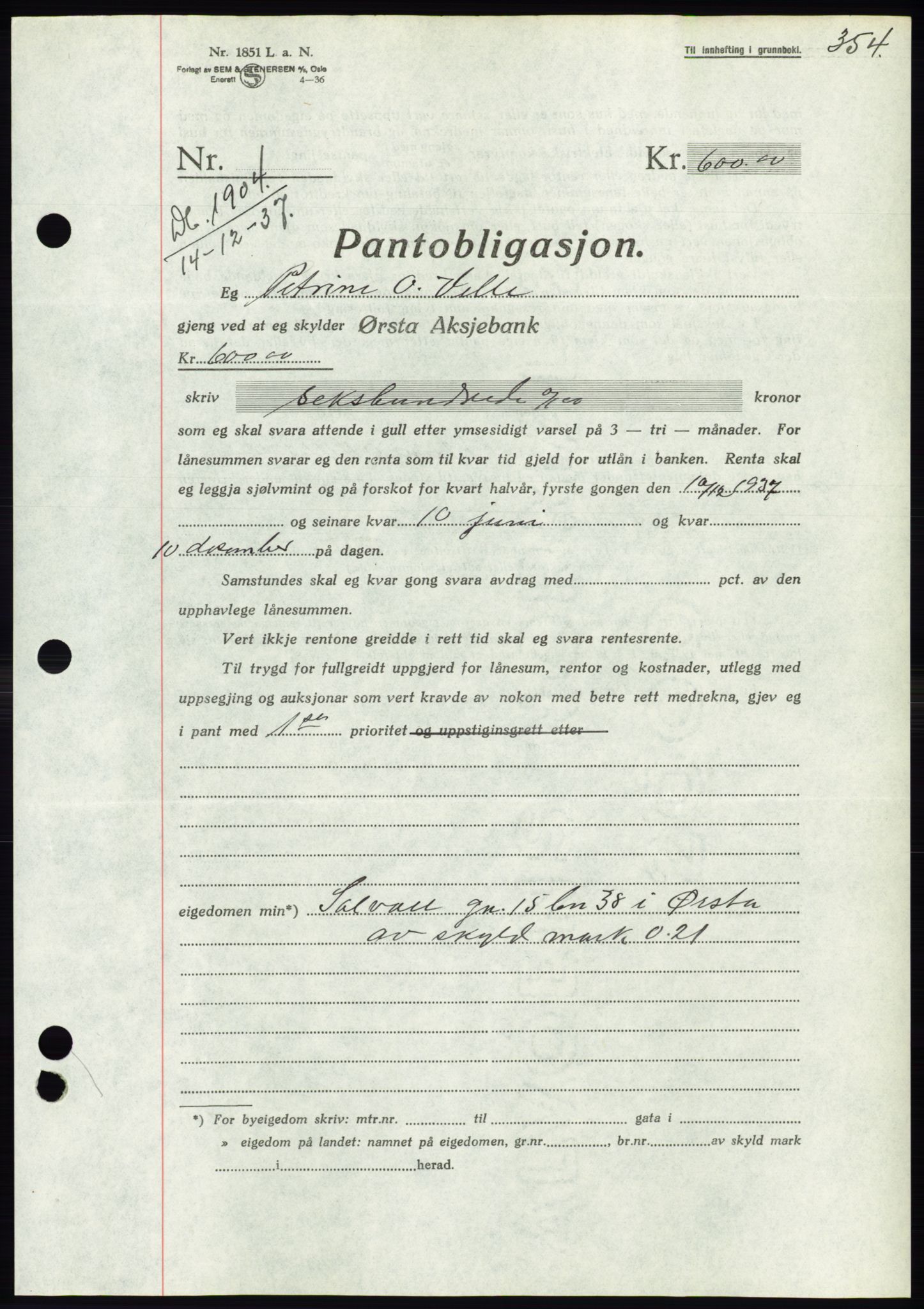 Søre Sunnmøre sorenskriveri, AV/SAT-A-4122/1/2/2C/L0064: Mortgage book no. 58, 1937-1938, Diary no: : 1904/1937