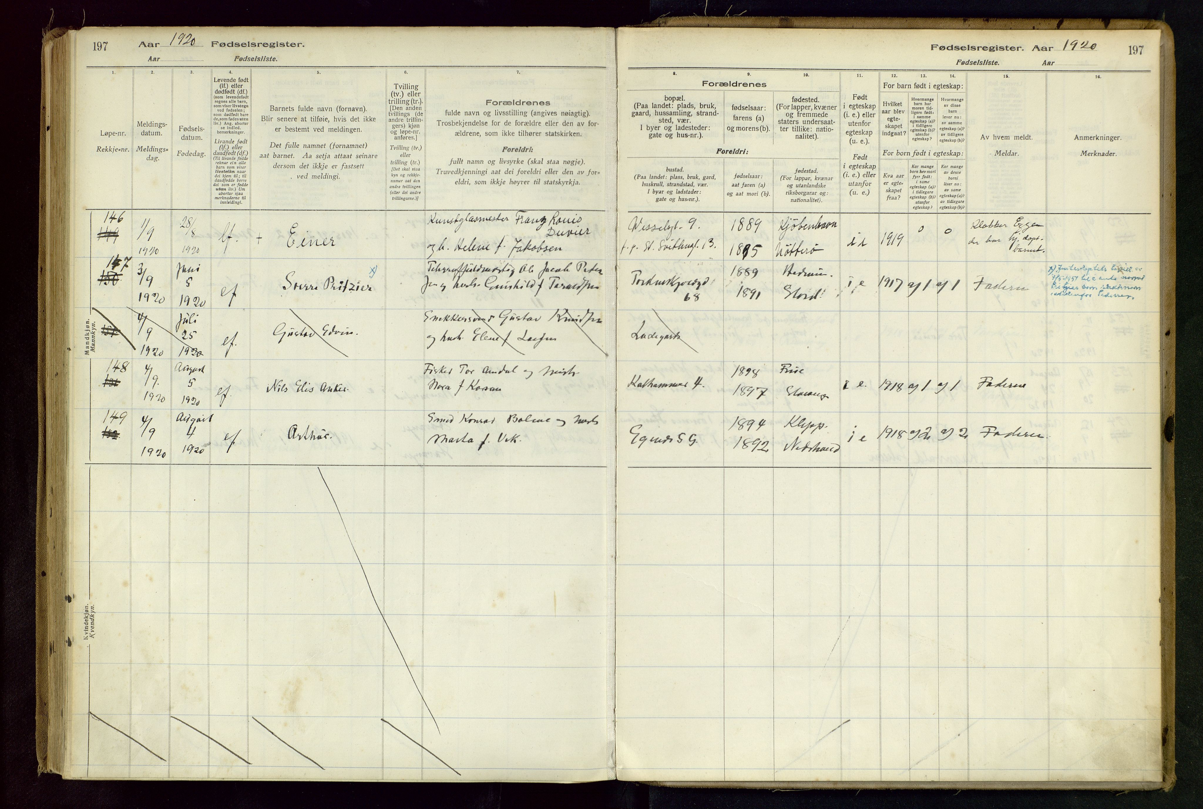 Domkirken sokneprestkontor, AV/SAST-A-101812/002/B/L0001: Birth register no. 1, 1916-1920, p. 197