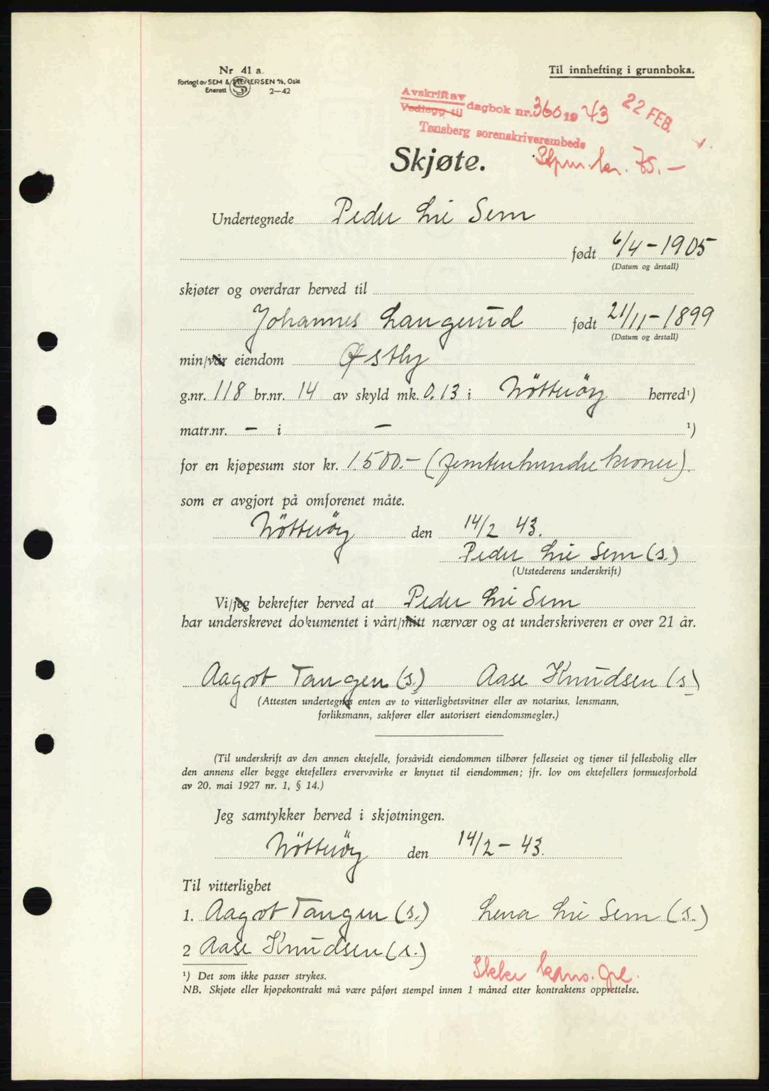 Tønsberg sorenskriveri, AV/SAKO-A-130/G/Ga/Gaa/L0012: Mortgage book no. A12, 1942-1943, Diary no: : 360/1943