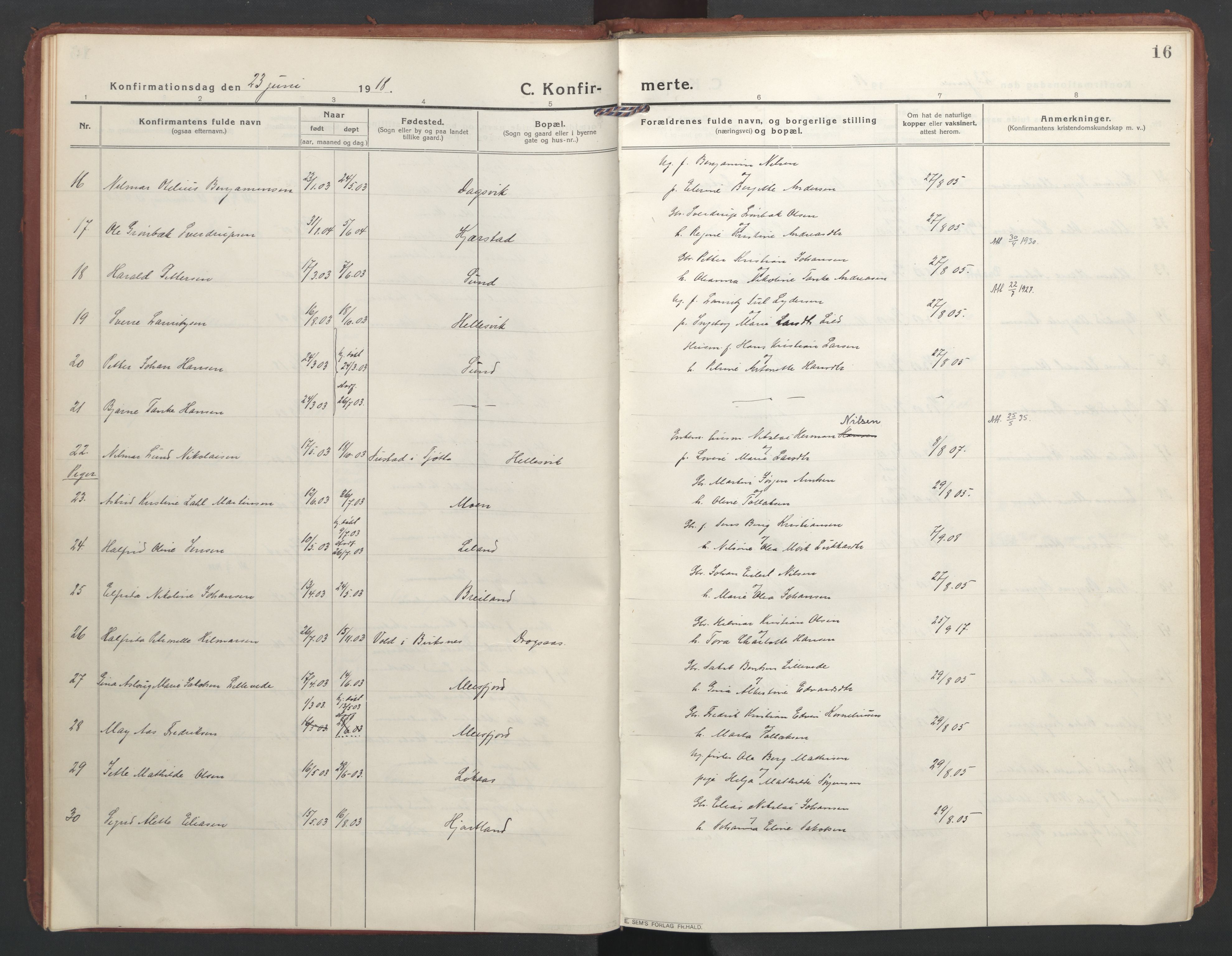 Ministerialprotokoller, klokkerbøker og fødselsregistre - Nordland, AV/SAT-A-1459/832/L0492: Parish register (official) no. 832A01, 1916-1934, p. 16