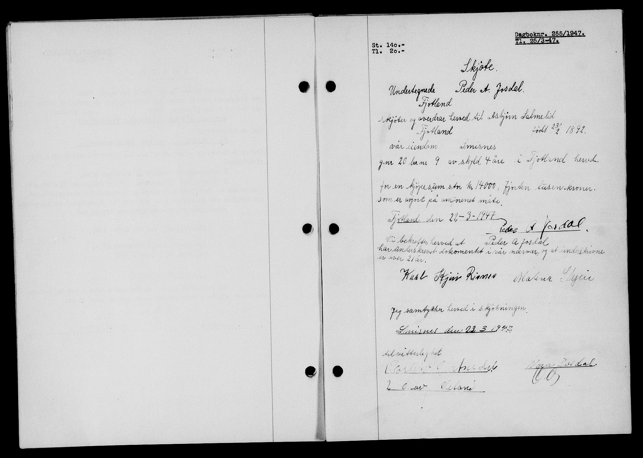 Flekkefjord sorenskriveri, SAK/1221-0001/G/Gb/Gba/L0061: Mortgage book no. A-9, 1946-1947, Diary no: : 255/1947