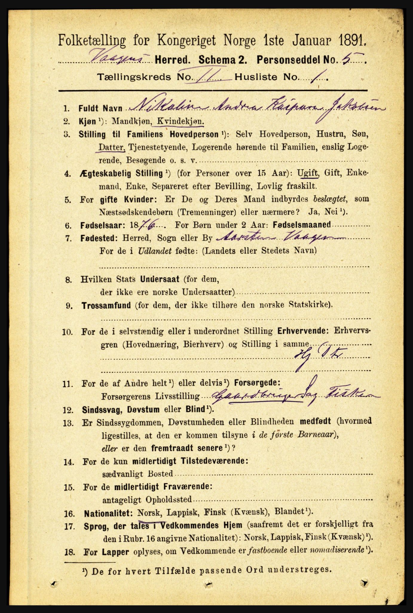 RA, 1891 census for 1865 Vågan, 1891, p. 420