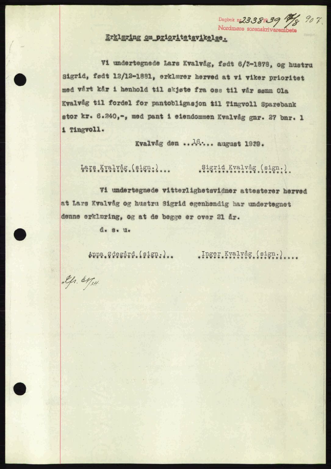 Nordmøre sorenskriveri, AV/SAT-A-4132/1/2/2Ca: Mortgage book no. B85, 1939-1939, Diary no: : 2336/1939