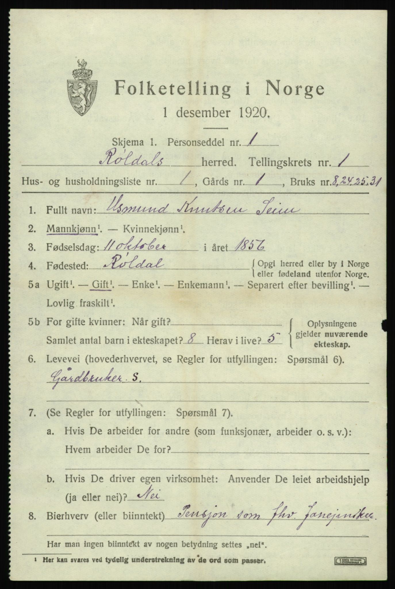 SAB, 1920 census for Røldal, 1920, p. 331