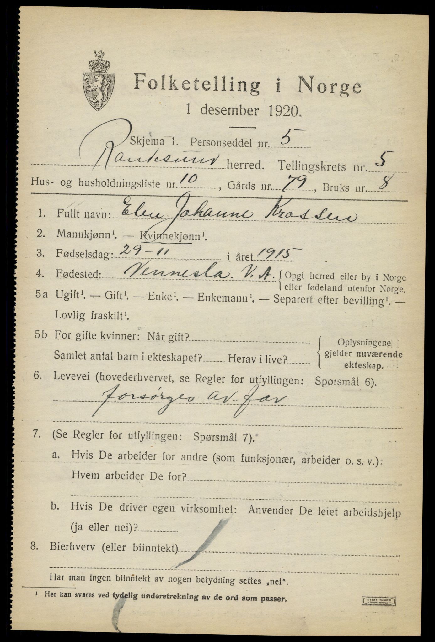 SAK, 1920 census for Randesund, 1920, p. 2420