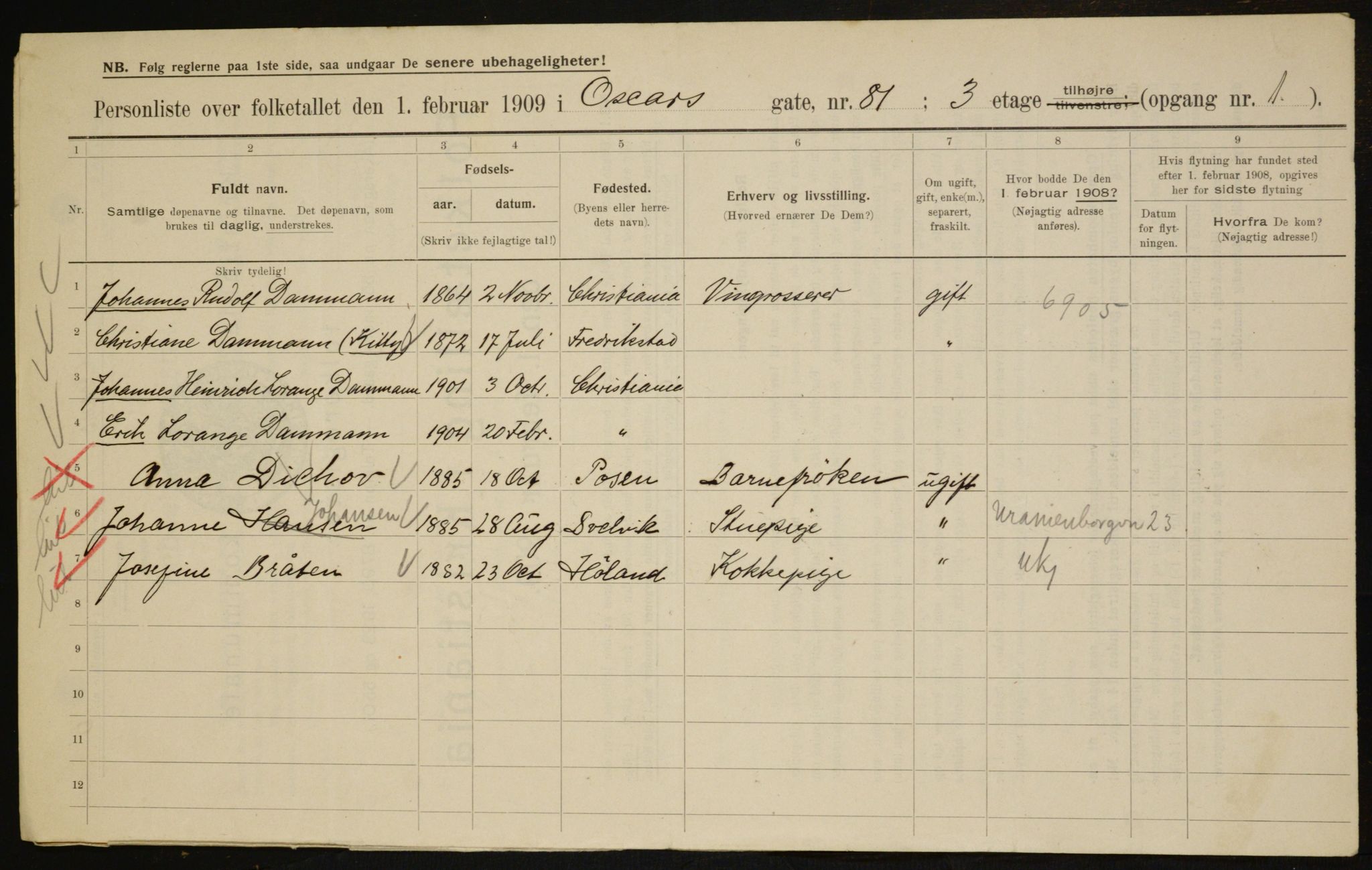 OBA, Municipal Census 1909 for Kristiania, 1909, p. 69595