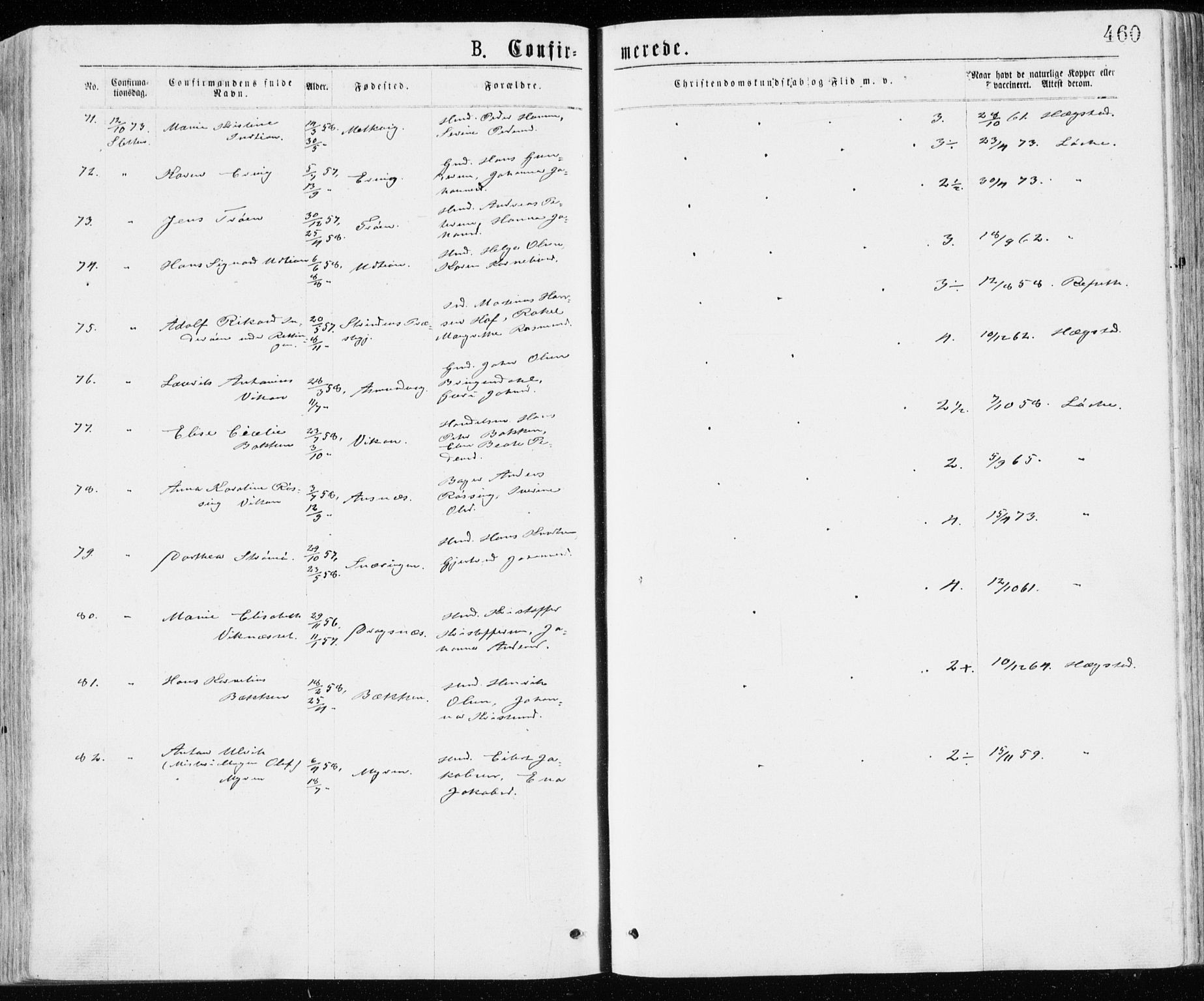 Ministerialprotokoller, klokkerbøker og fødselsregistre - Sør-Trøndelag, AV/SAT-A-1456/640/L0576: Parish register (official) no. 640A01, 1846-1876, p. 460