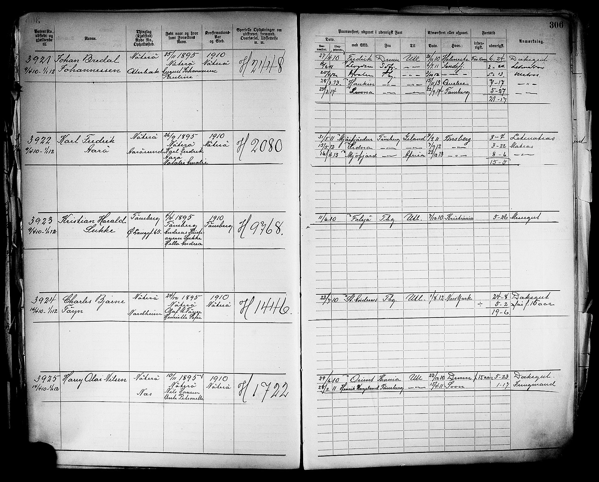 Tønsberg innrulleringskontor, SAKO/A-786/F/Fb/L0005: Annotasjonsrulle Patent nr. 2401-4080, 1904-1910, p. 308