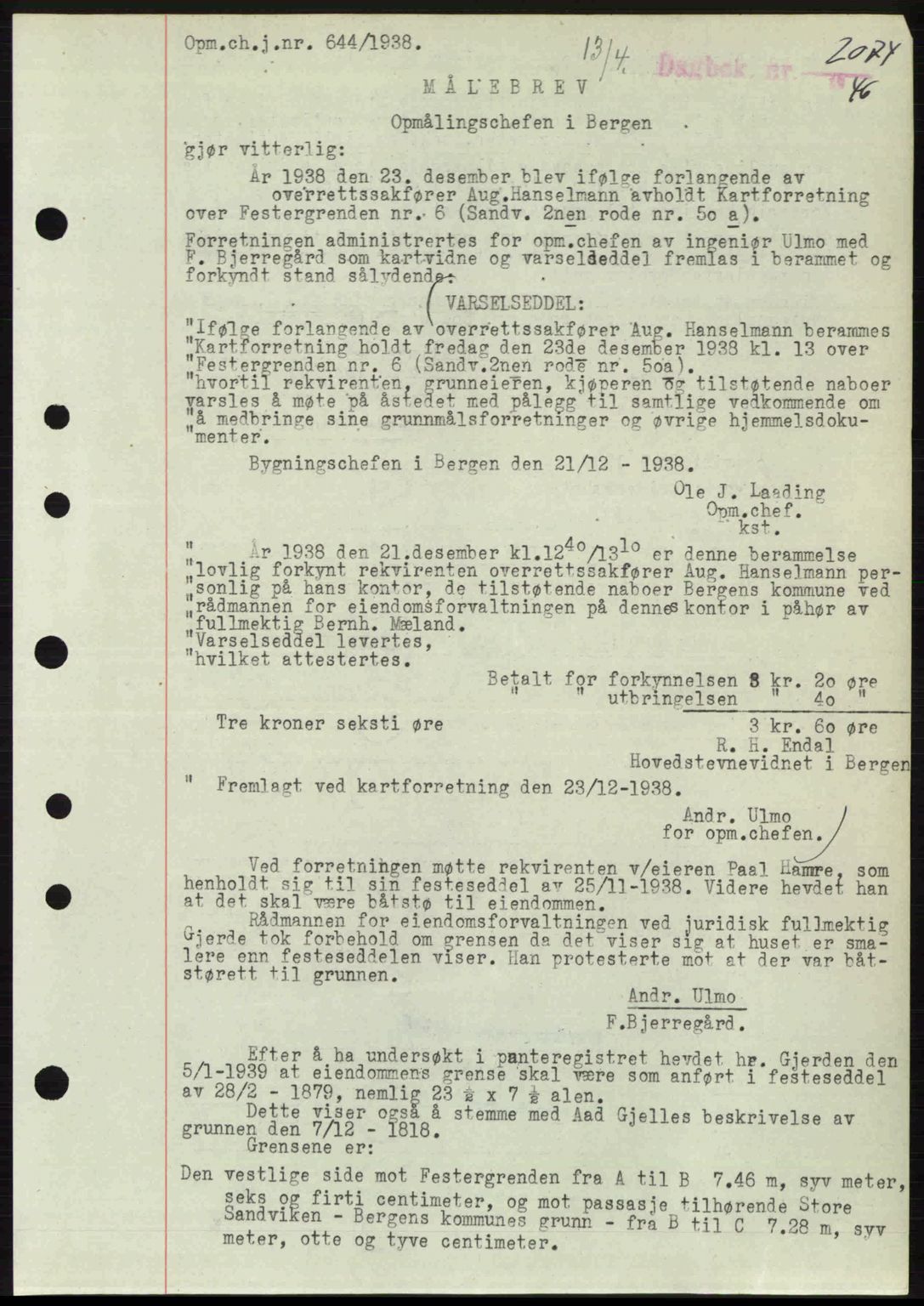 Byfogd og Byskriver i Bergen, SAB/A-3401/03/03Bc/L0022: Mortgage book no. A18, 1946-1946, Diary no: : 2074/1946