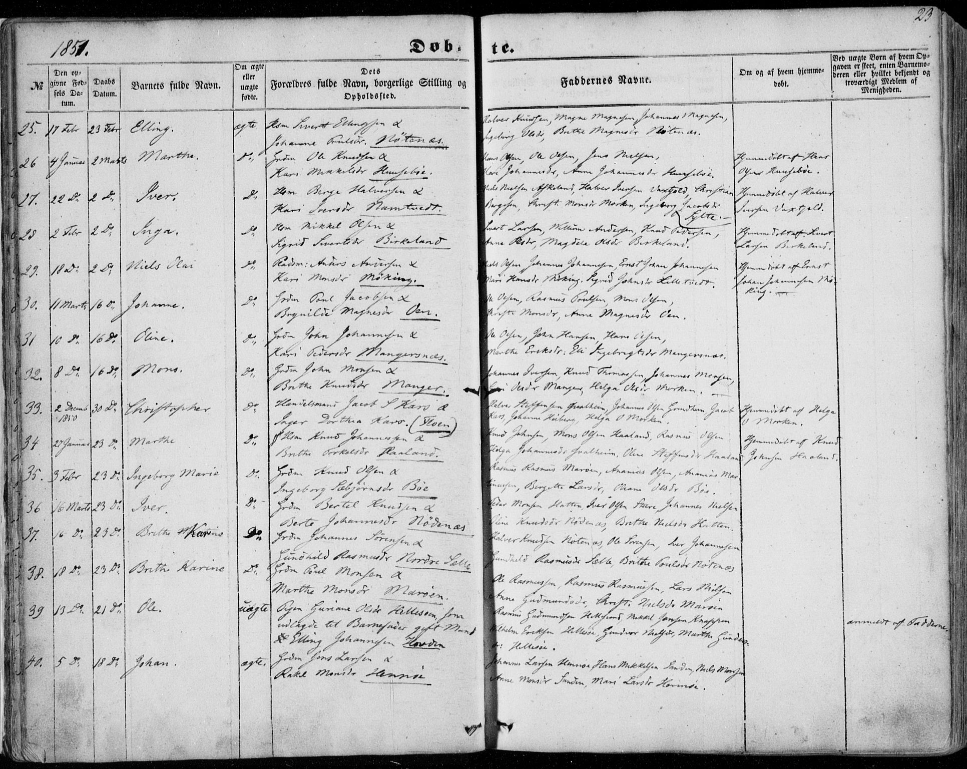Manger sokneprestembete, SAB/A-76801/H/Haa: Parish register (official) no. A 6, 1849-1859, p. 23