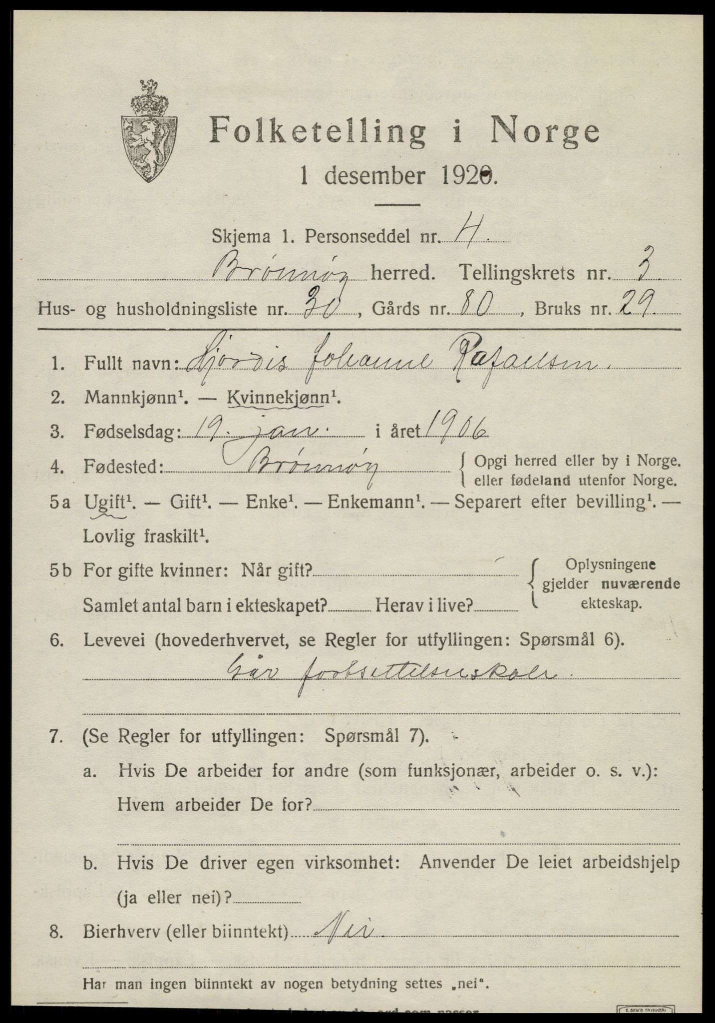 SAT, 1920 census for Brønnøy, 1920, p. 2890