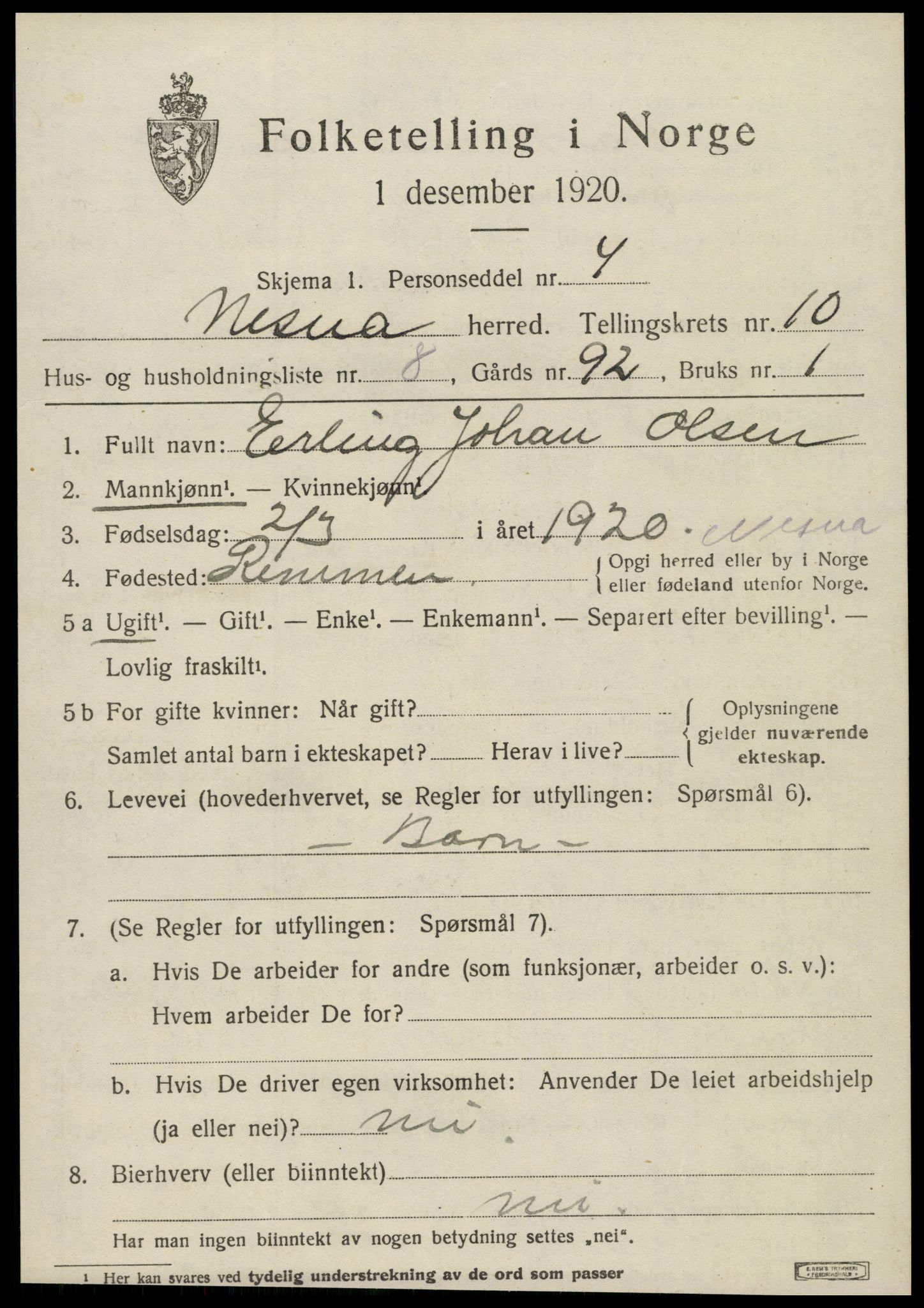 SAT, 1920 census for Nesna, 1920, p. 8051