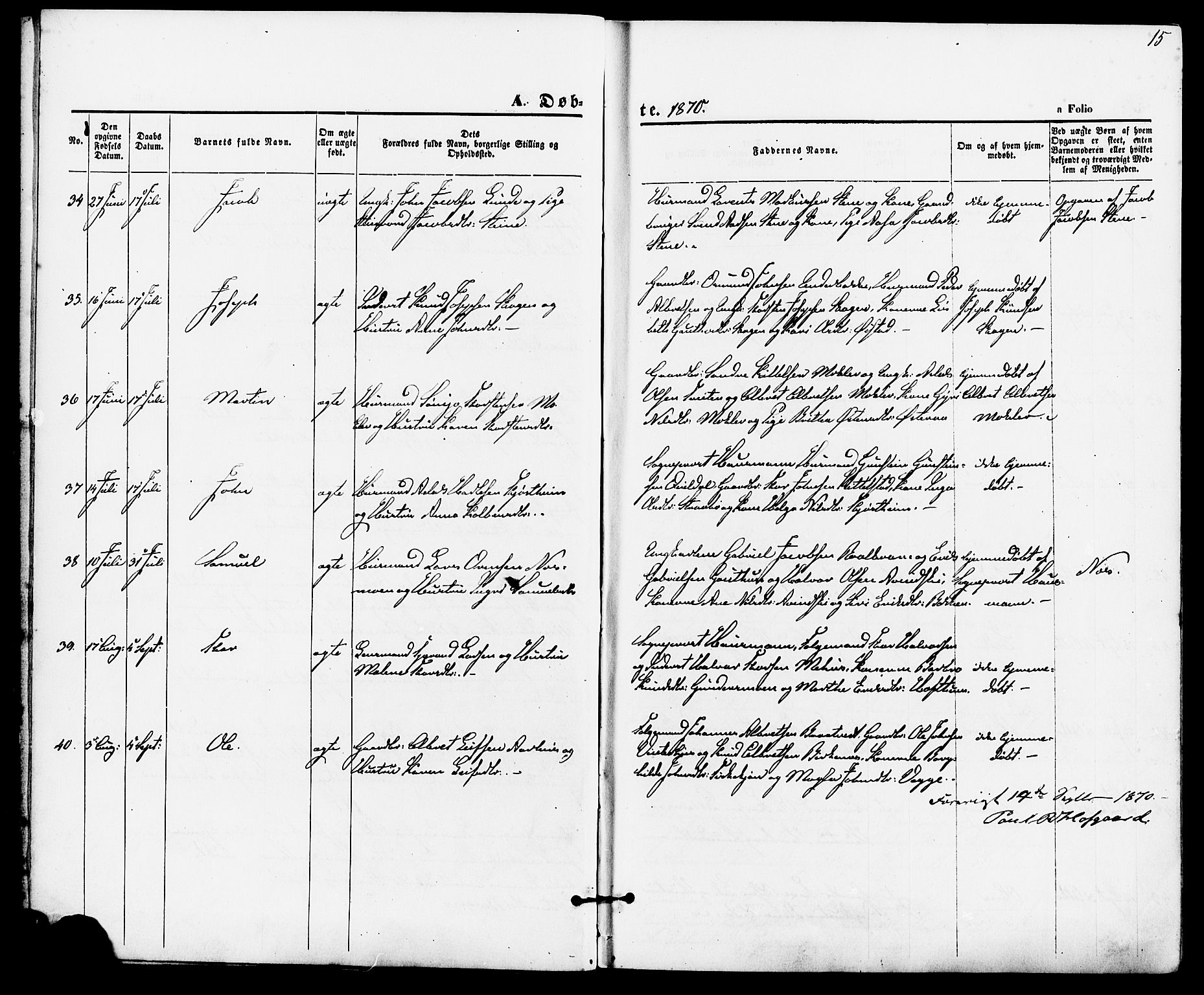 Suldal sokneprestkontor, AV/SAST-A-101845/01/IV/L0010: Parish register (official) no. A 10, 1869-1878, p. 15