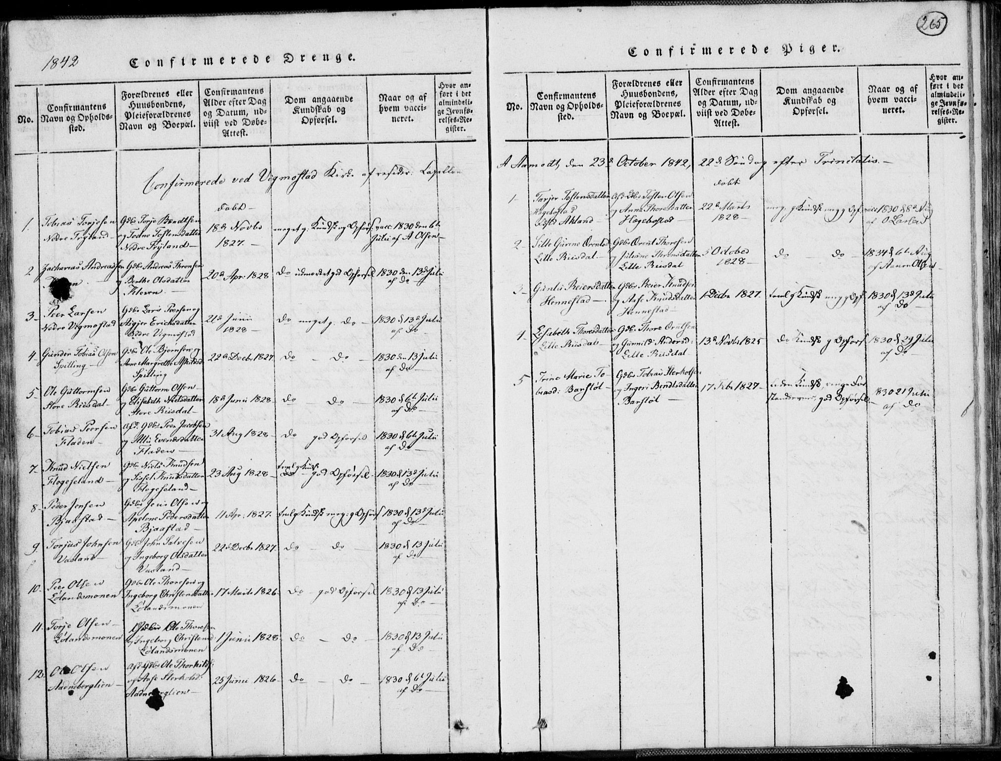 Nord-Audnedal sokneprestkontor, AV/SAK-1111-0032/F/Fb/Fbb/L0001: Parish register (copy) no. B 1, 1816-1858, p. 265