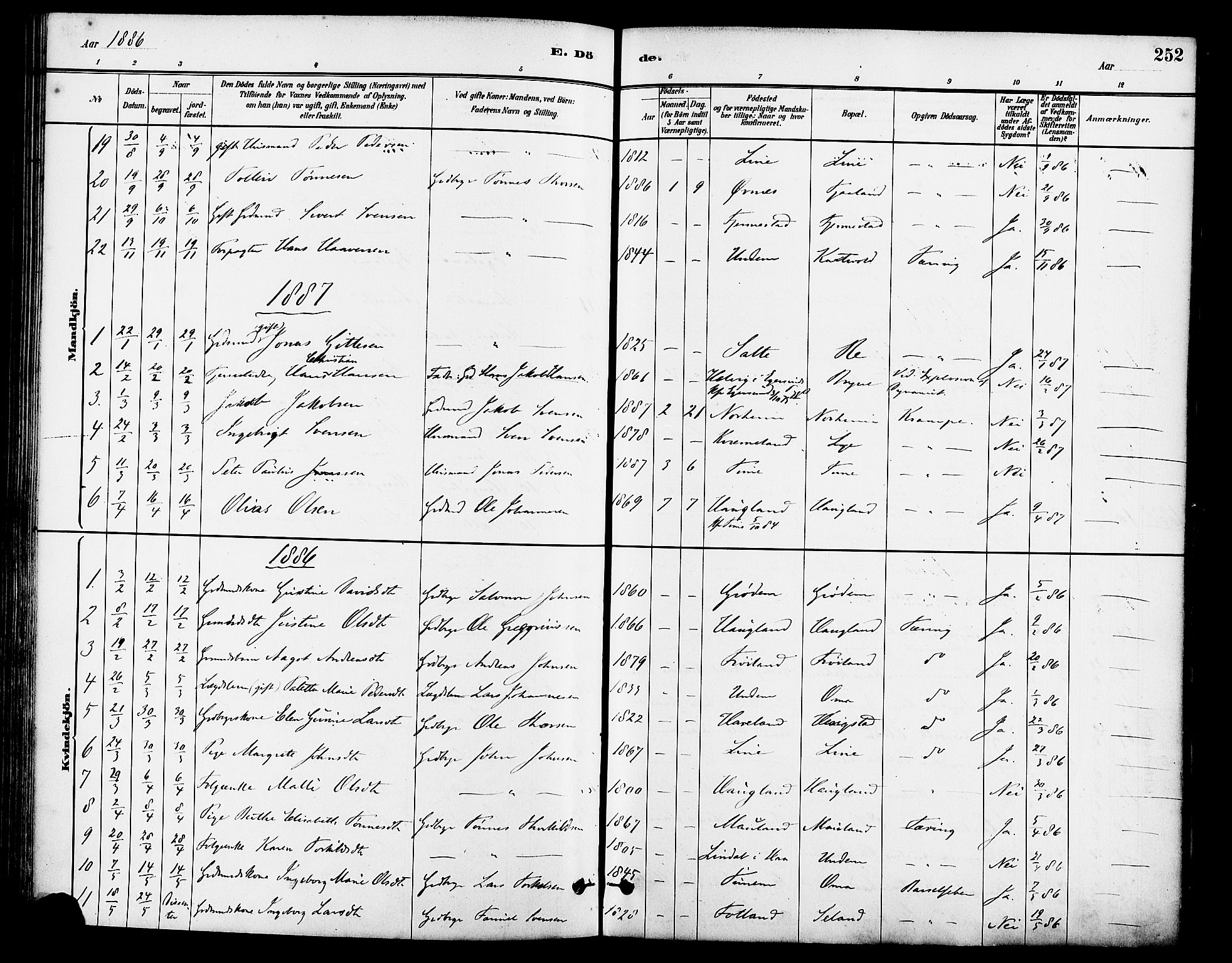 Lye sokneprestkontor, SAST/A-101794/001/30BA/L0009: Parish register (official) no. A 8, 1881-1892, p. 252