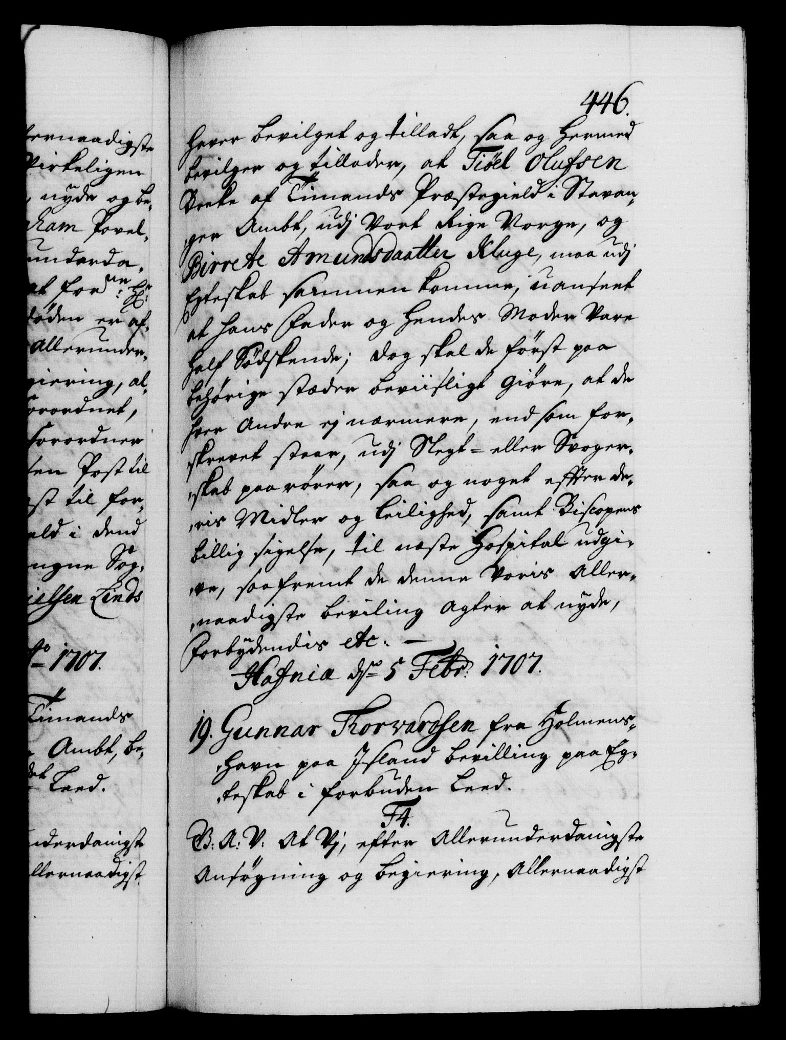 Danske Kanselli 1572-1799, AV/RA-EA-3023/F/Fc/Fca/Fcaa/L0019: Norske registre, 1704-1707, p. 446a