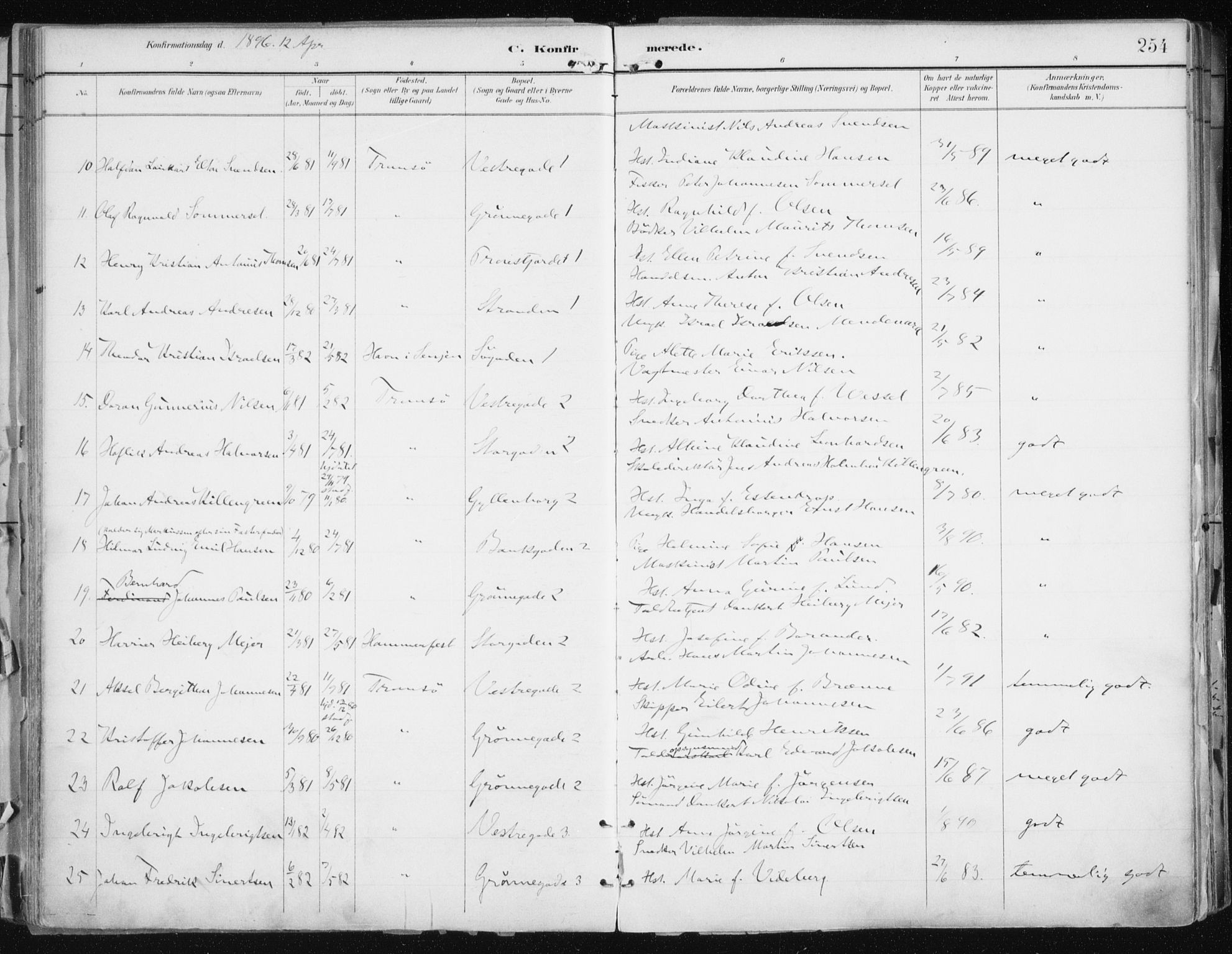 Tromsø sokneprestkontor/stiftsprosti/domprosti, AV/SATØ-S-1343/G/Ga/L0015kirke: Parish register (official) no. 15, 1889-1899, p. 254