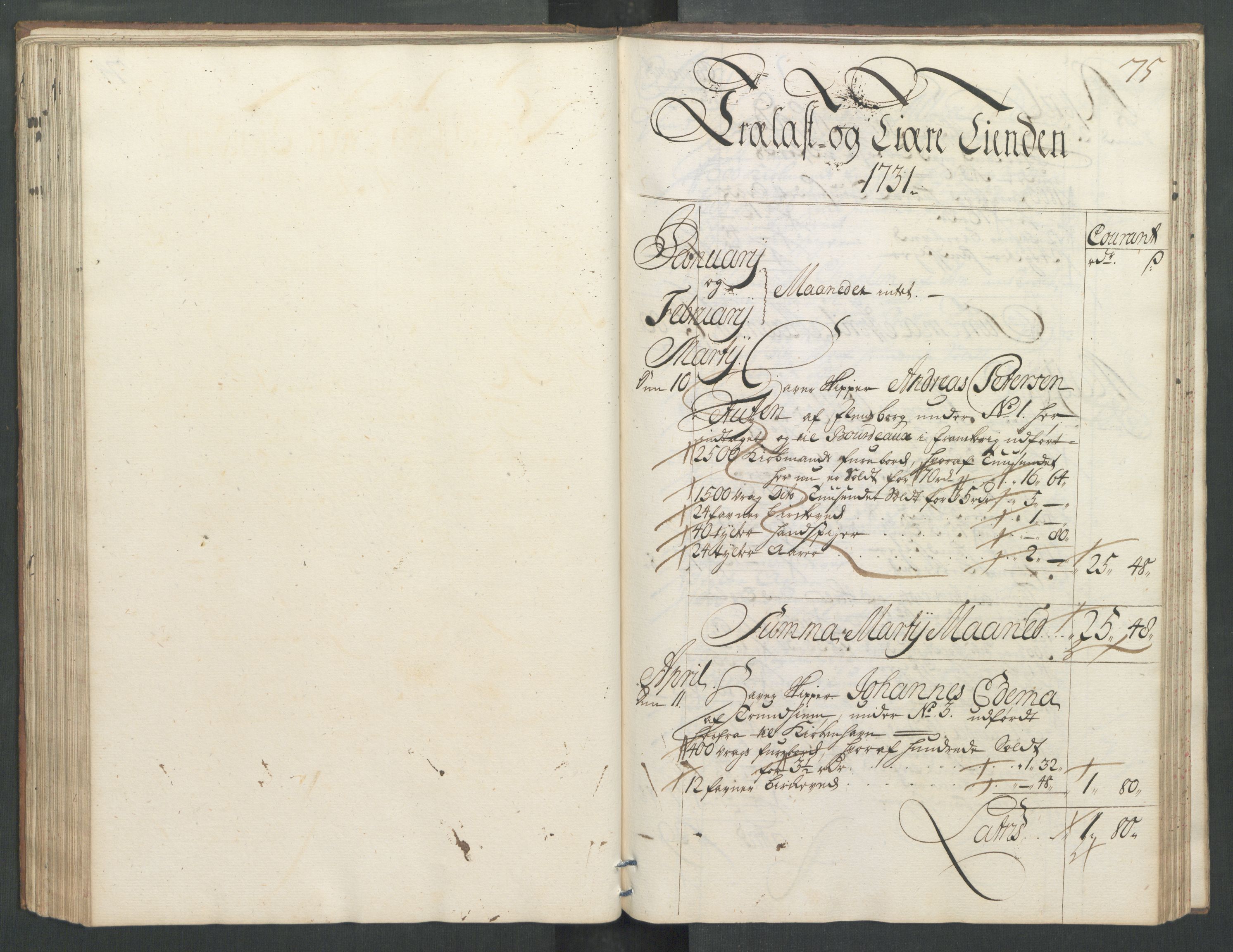 Generaltollkammeret, tollregnskaper, RA/EA-5490/R32/L0004/0001: Tollregnskaper Kristiansund / Hovedtollbok, 1731, p. 74b-75a