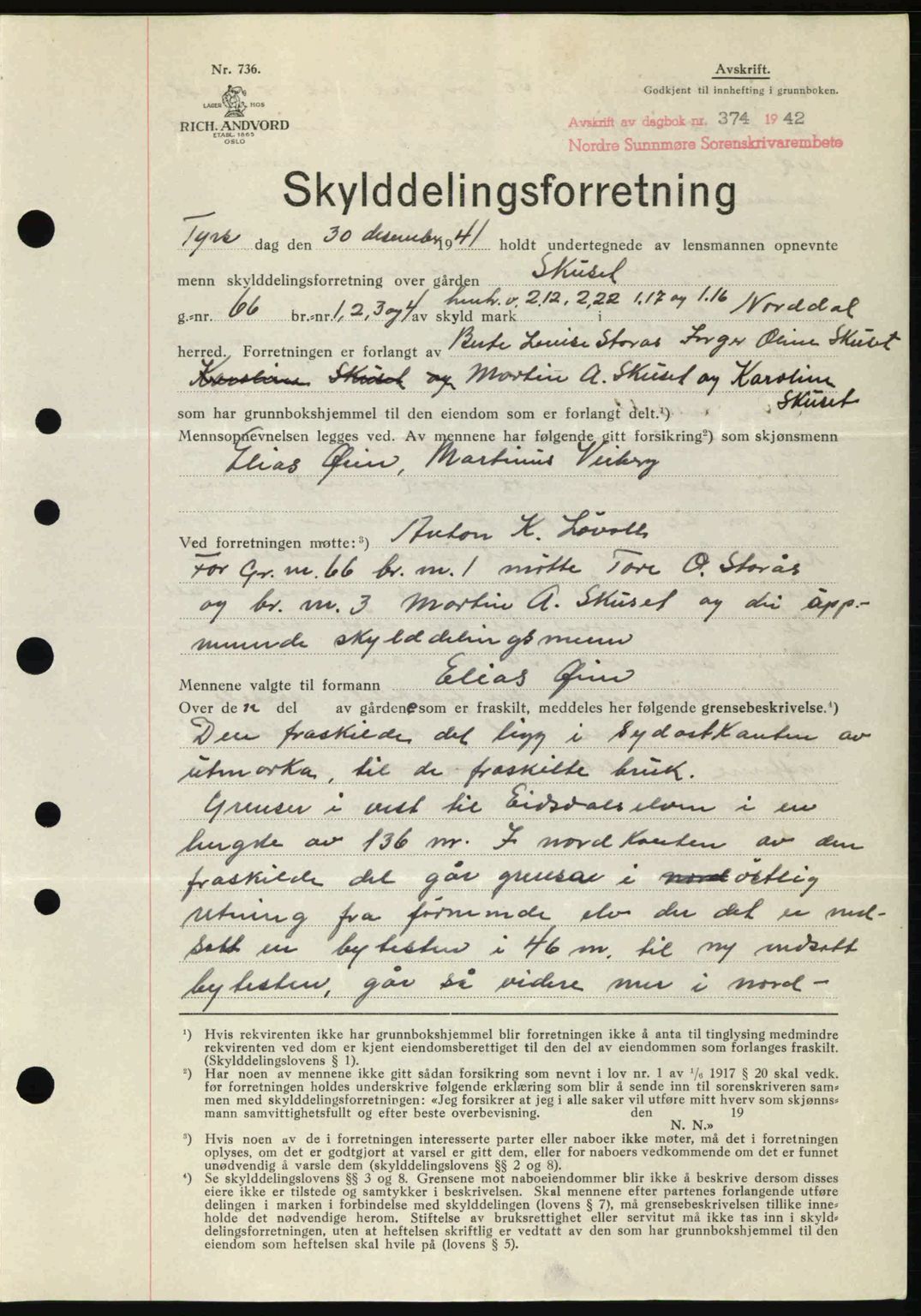 Nordre Sunnmøre sorenskriveri, AV/SAT-A-0006/1/2/2C/2Ca: Mortgage book no. A13, 1942-1942, Diary no: : 374/1942