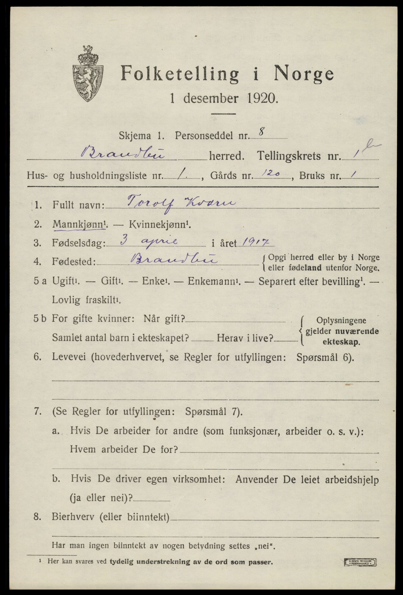 SAH, 1920 census for Brandbu, 1920, p. 3083