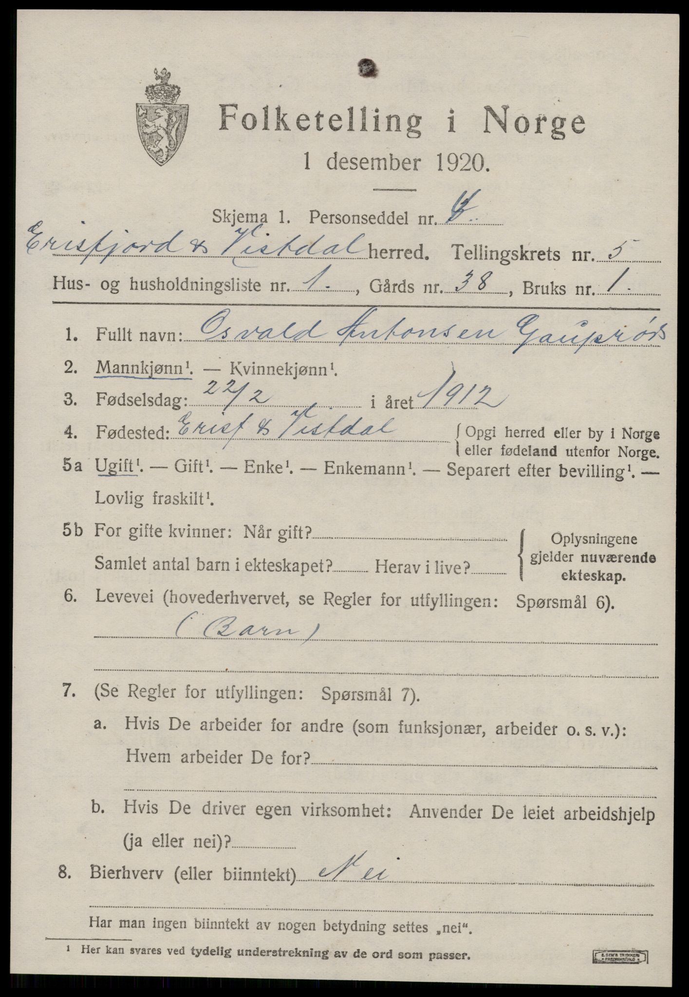 SAT, 1920 census for Eresfjord og Vistdal, 1920, p. 2521