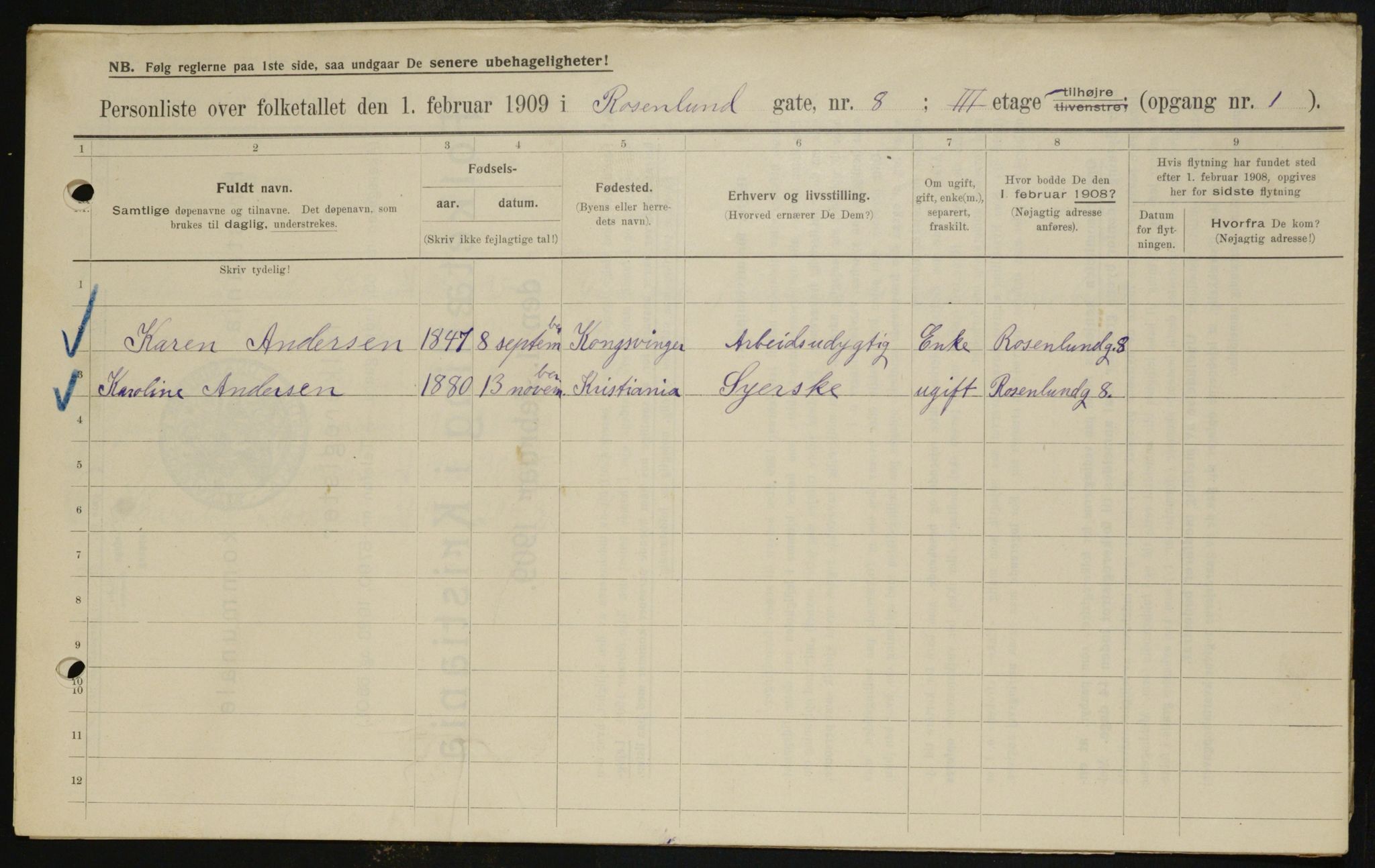 OBA, Municipal Census 1909 for Kristiania, 1909, p. 76273