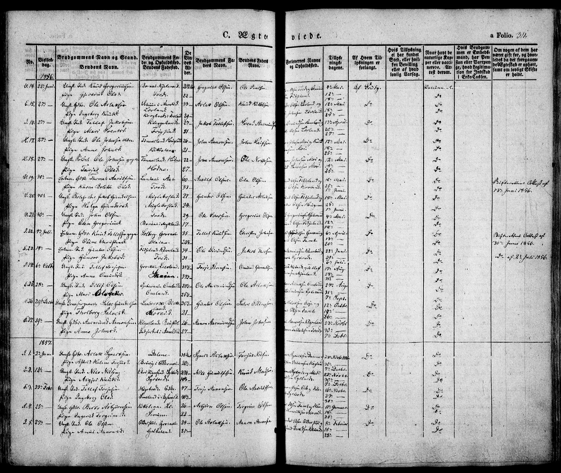 Evje sokneprestkontor, SAK/1111-0008/F/Fa/Faa/L0005: Parish register (official) no. A 5, 1843-1865, p. 311