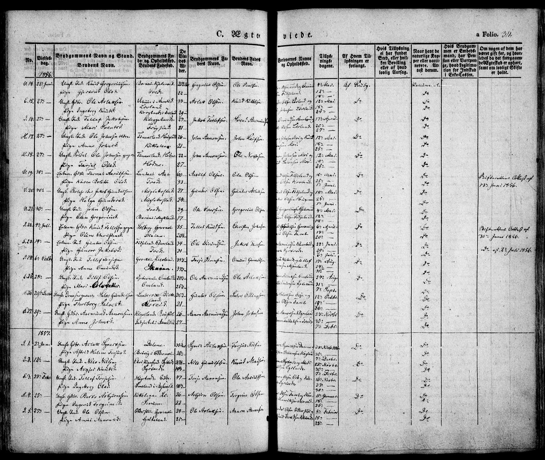 Evje sokneprestkontor, AV/SAK-1111-0008/F/Fa/Faa/L0005: Parish register (official) no. A 5, 1843-1865, p. 311