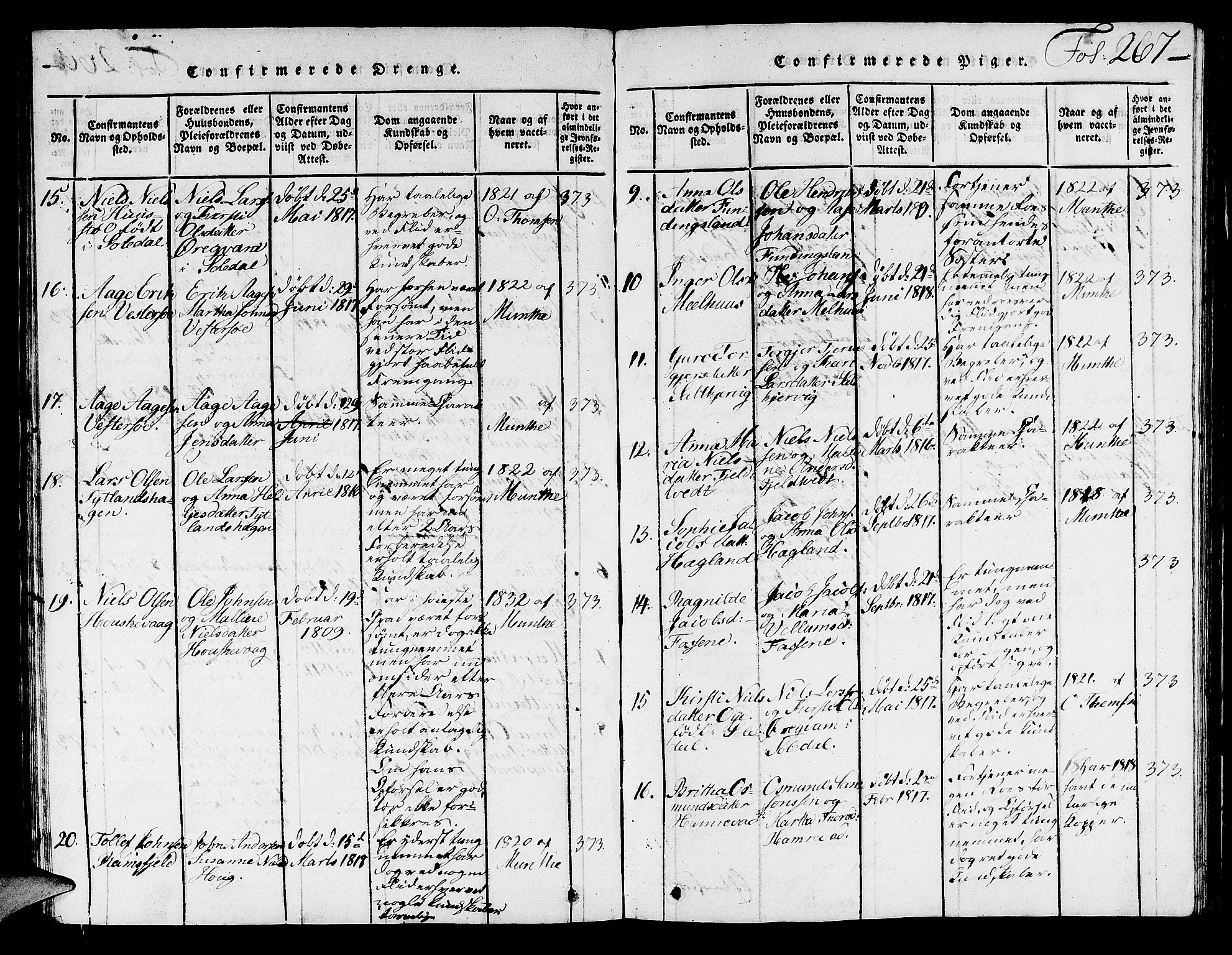 Hjelmeland sokneprestkontor, AV/SAST-A-101843/01/V/L0001: Parish register (copy) no. B 1, 1816-1841, p. 267