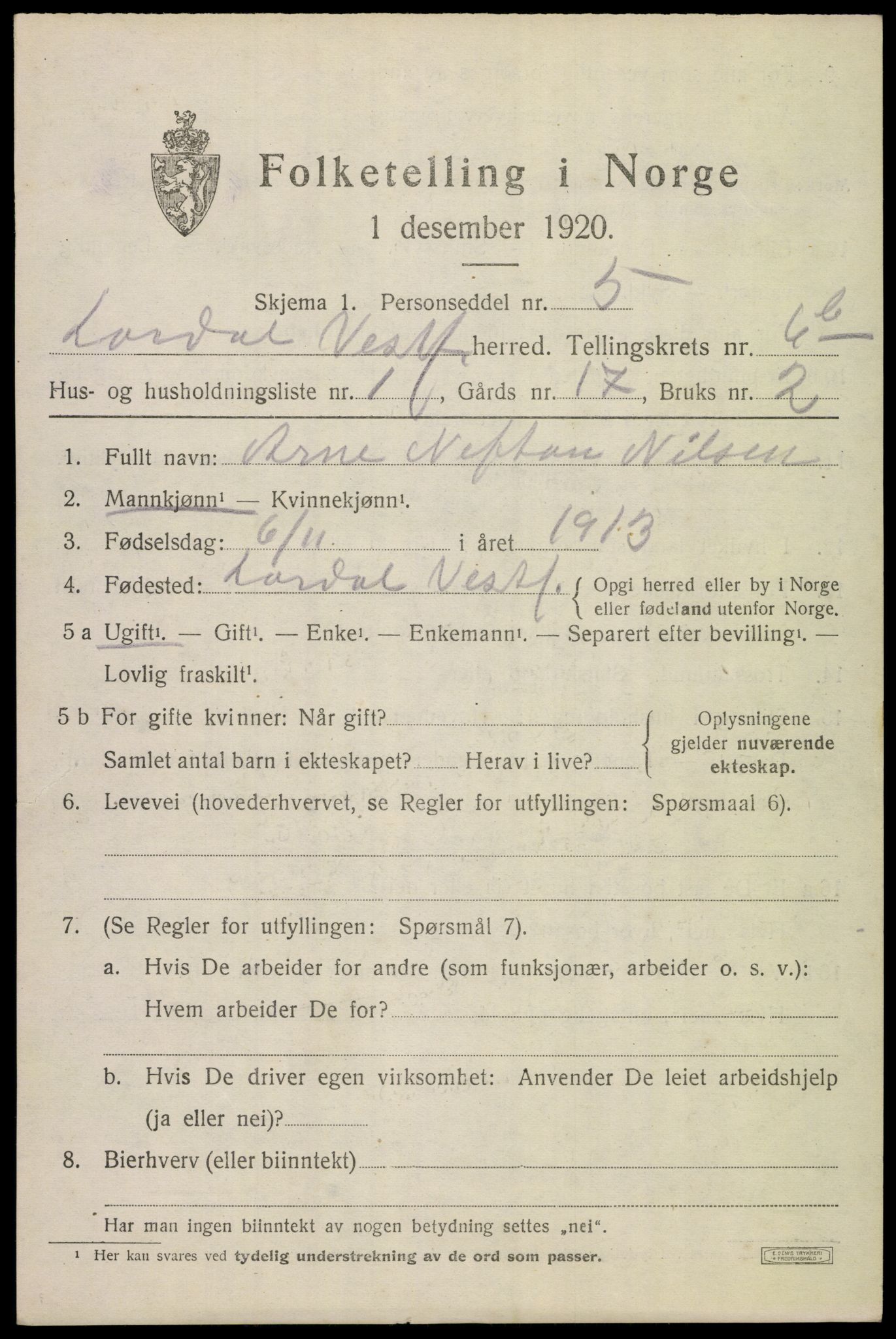 SAKO, 1920 census for Lardal, 1920, p. 5837