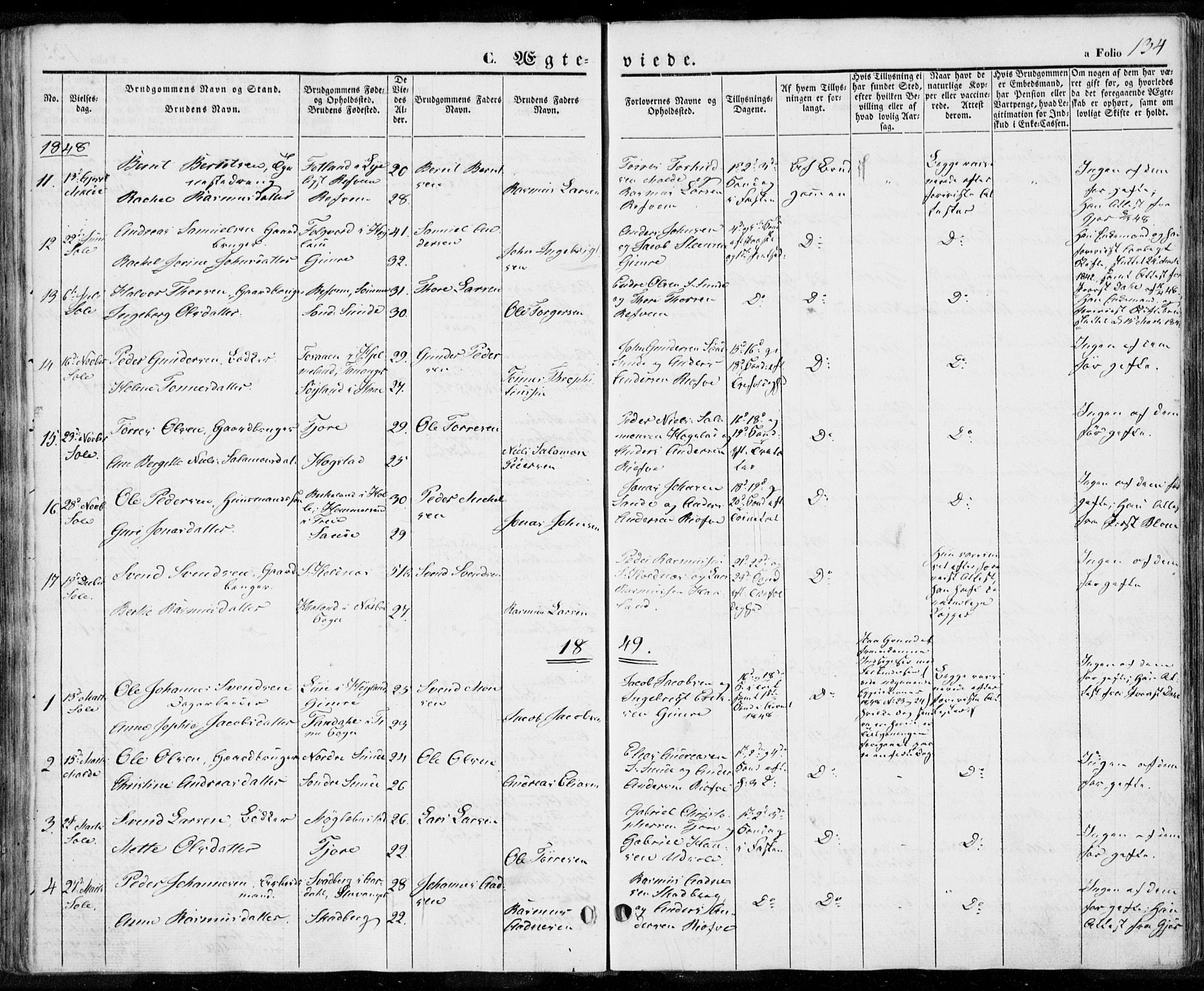 Håland sokneprestkontor, SAST/A-101802/001/30BA/L0006: Parish register (official) no. A 6, 1842-1853, p. 134