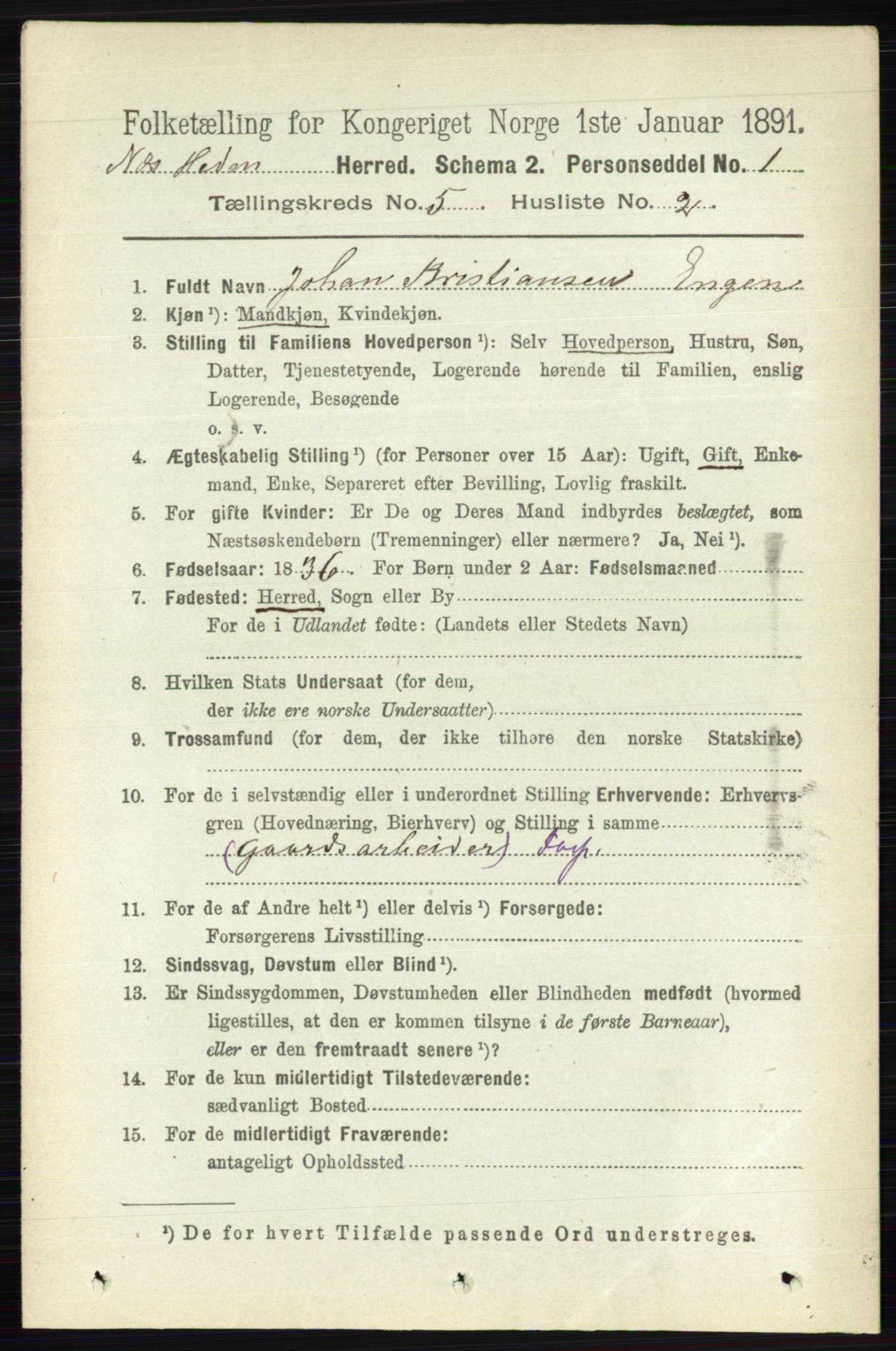 RA, 1891 census for 0411 Nes, 1891, p. 2612