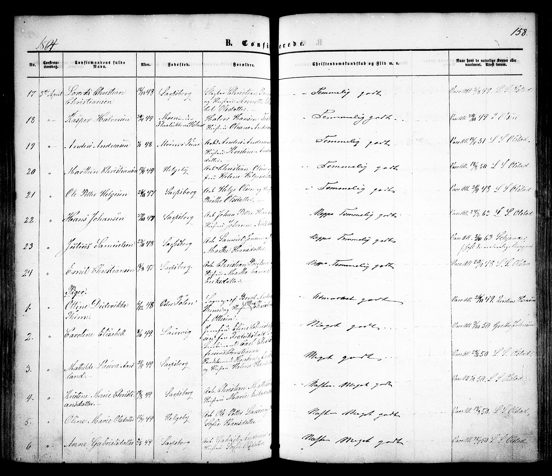 Sarpsborg prestekontor Kirkebøker, AV/SAO-A-2006/F/Fa/L0001: Parish register (official) no. 1, 1859-1868, p. 158