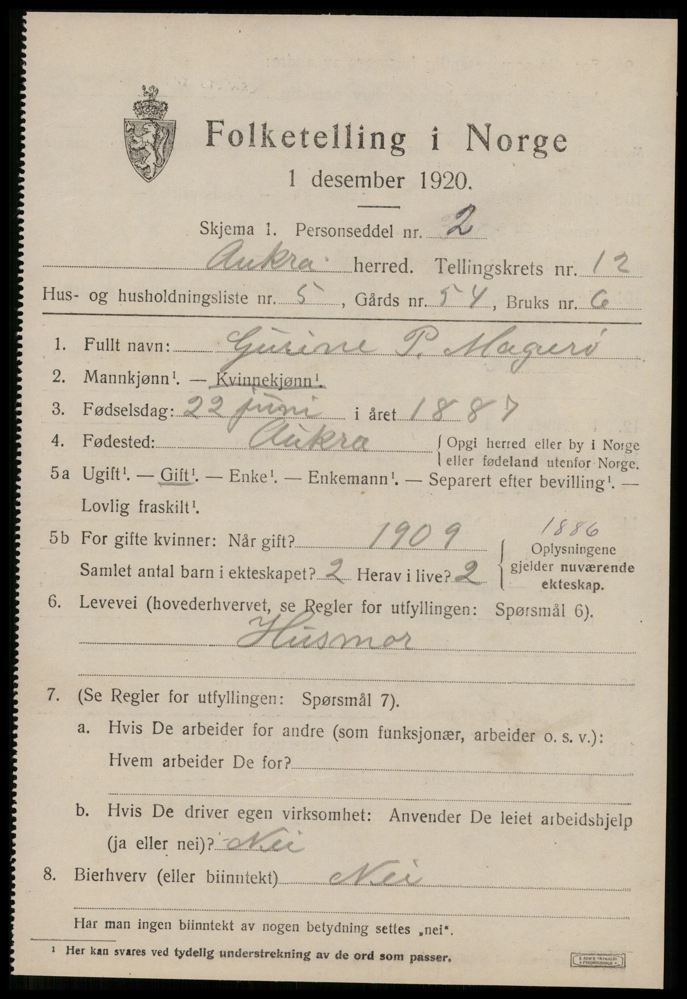 SAT, 1920 census for Aukra, 1920, p. 5471