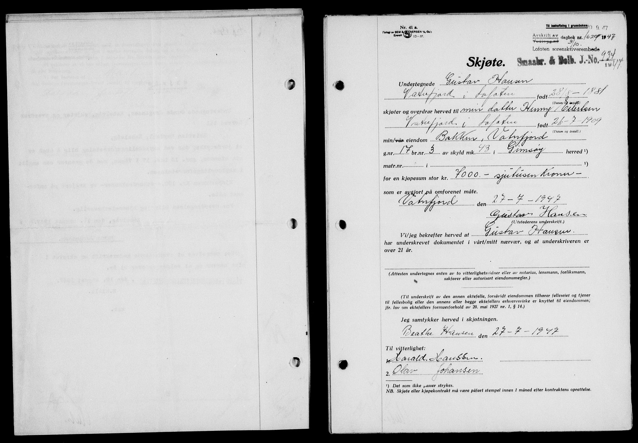 Lofoten sorenskriveri, SAT/A-0017/1/2/2C/L0017a: Mortgage book no. 17a, 1947-1948, Diary no: : 1629/1947