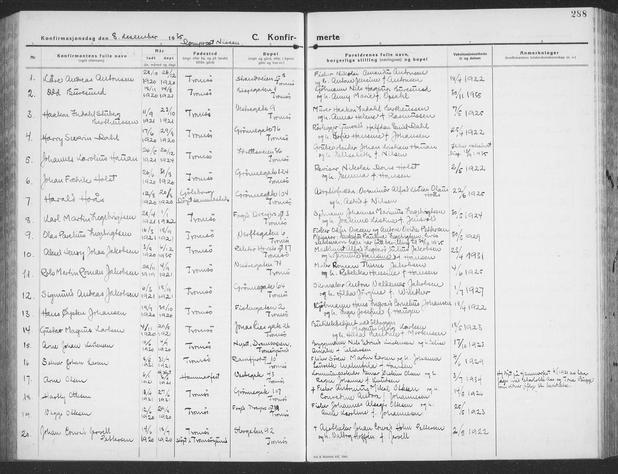 Tromsø sokneprestkontor/stiftsprosti/domprosti, SATØ/S-1343/G/Gb/L0010klokker: Parish register (copy) no. 10, 1925-1937, p. 288