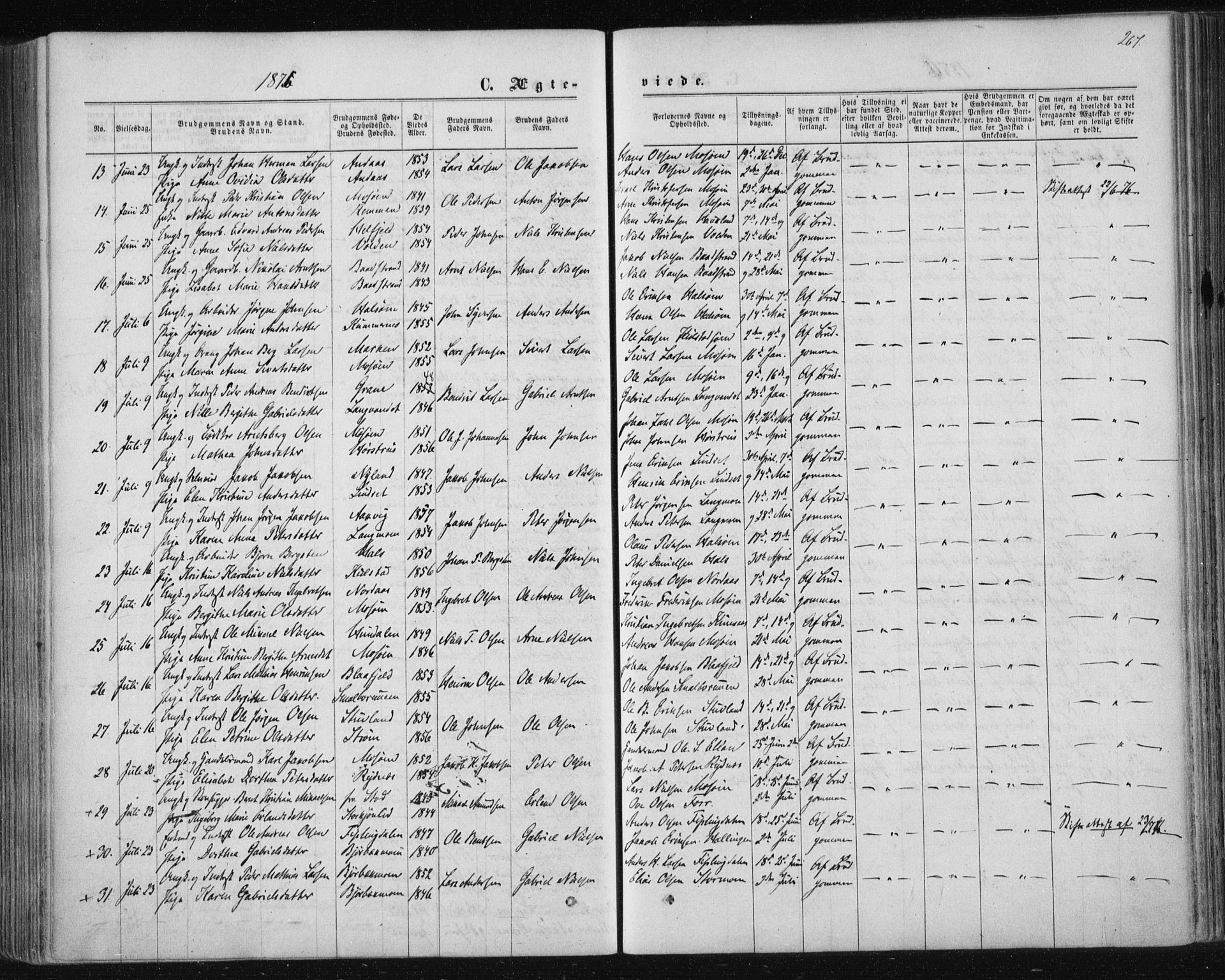 Ministerialprotokoller, klokkerbøker og fødselsregistre - Nordland, SAT/A-1459/820/L0294: Parish register (official) no. 820A15, 1866-1879, p. 267