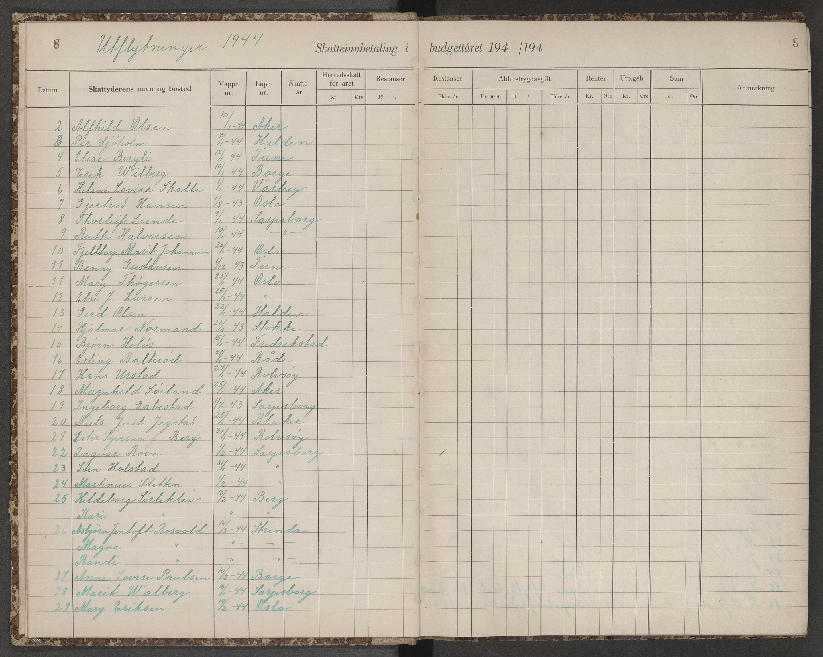 Skjeberg folkeregister, SAO/A-10495/K/Ka/L0003: Fortegnelse over inn- og utflyttede, 1943-1947, p. 8