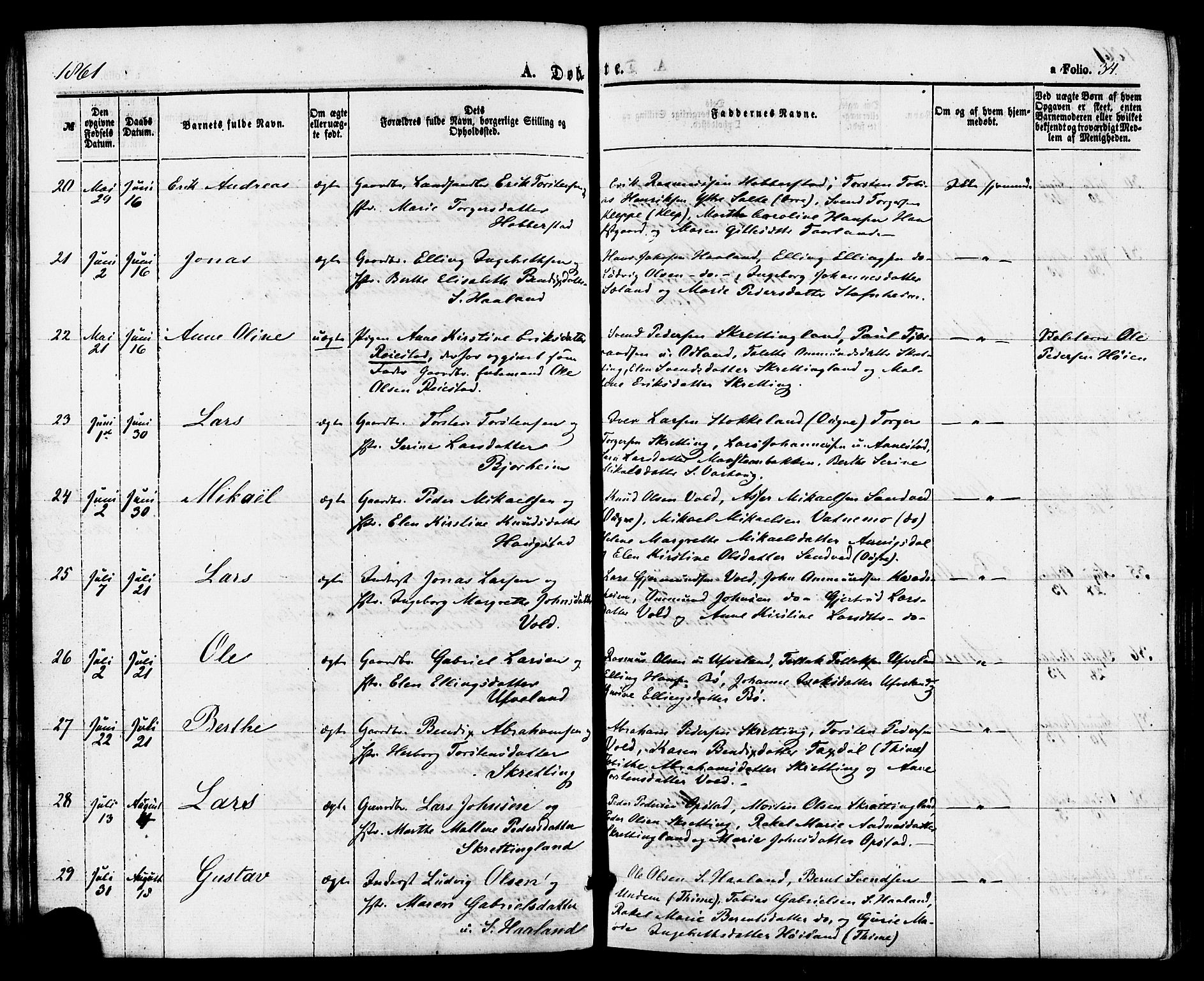 Hå sokneprestkontor, AV/SAST-A-101801/001/30BA/L0009: Parish register (official) no. A 8, 1855-1878, p. 34