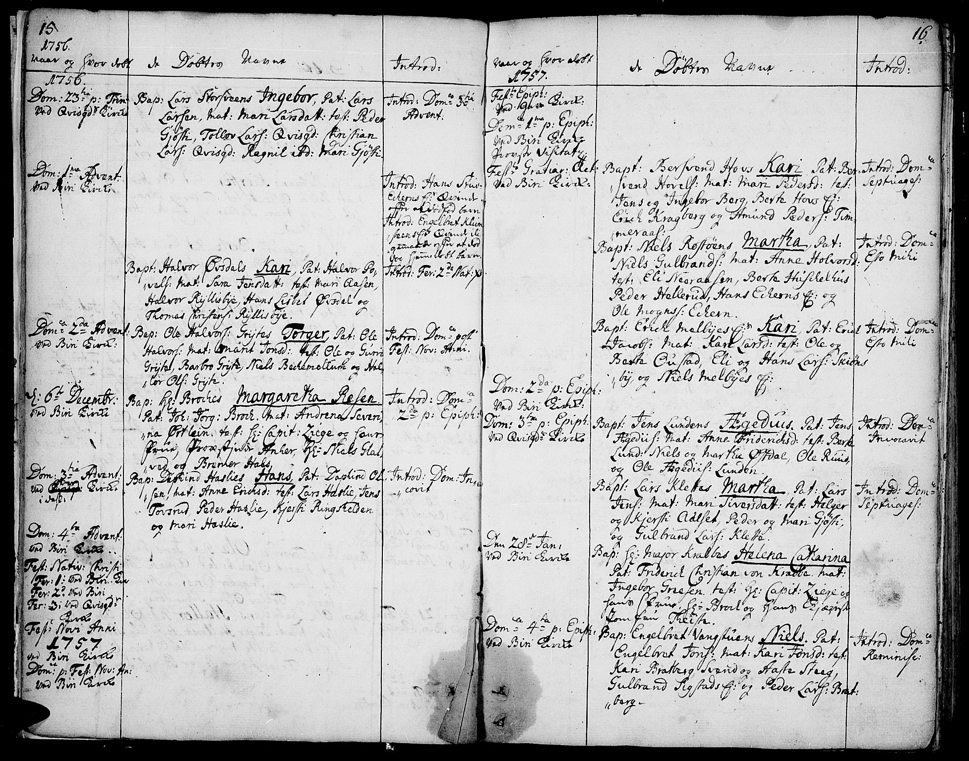 Biri prestekontor, SAH/PREST-096/H/Ha/Haa/L0002: Parish register (official) no. 2, 1754-1789, p. 15-16
