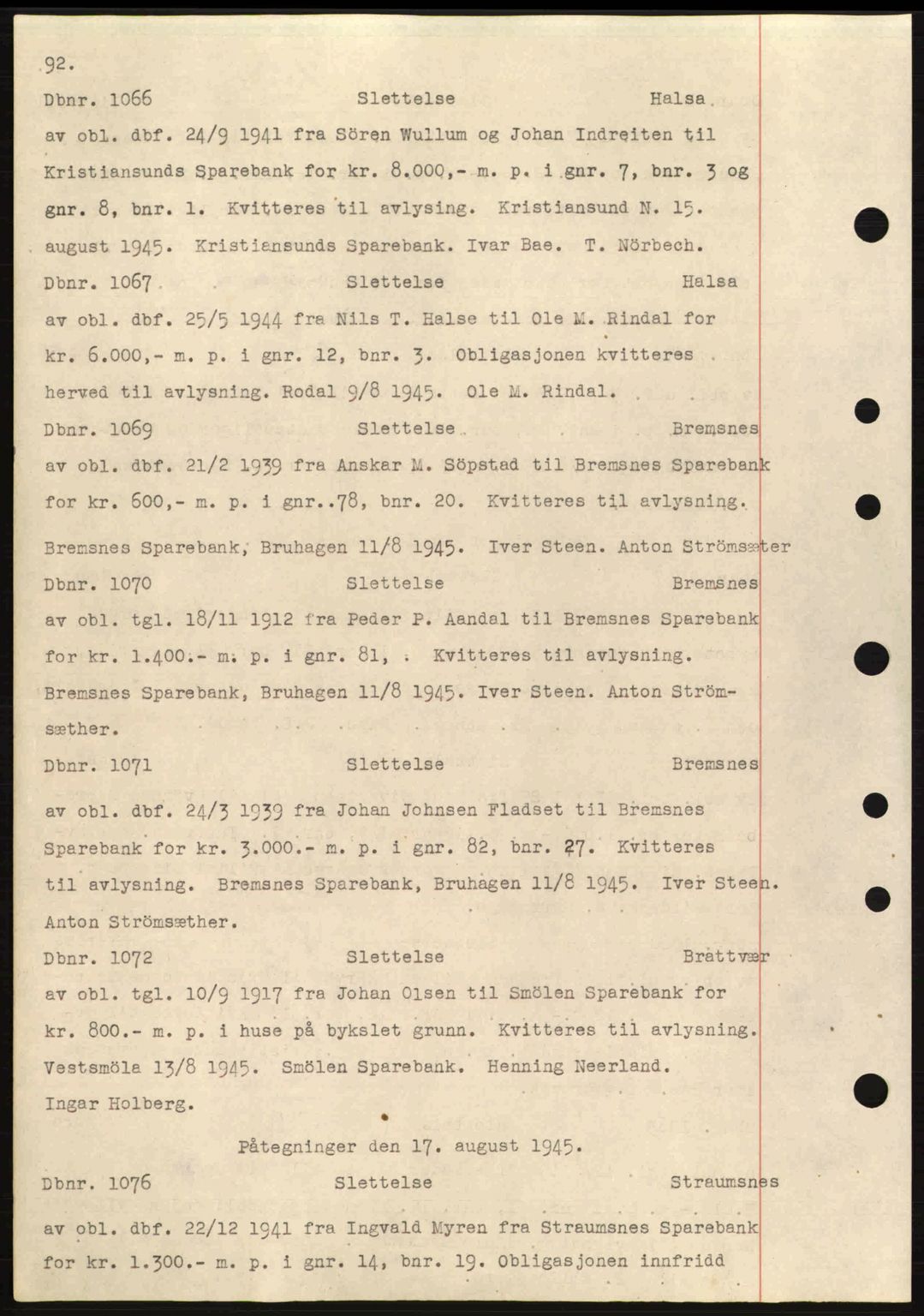 Nordmøre sorenskriveri, AV/SAT-A-4132/1/2/2Ca: Mortgage book no. C82a, 1945-1946, Diary no: : 1066/1945