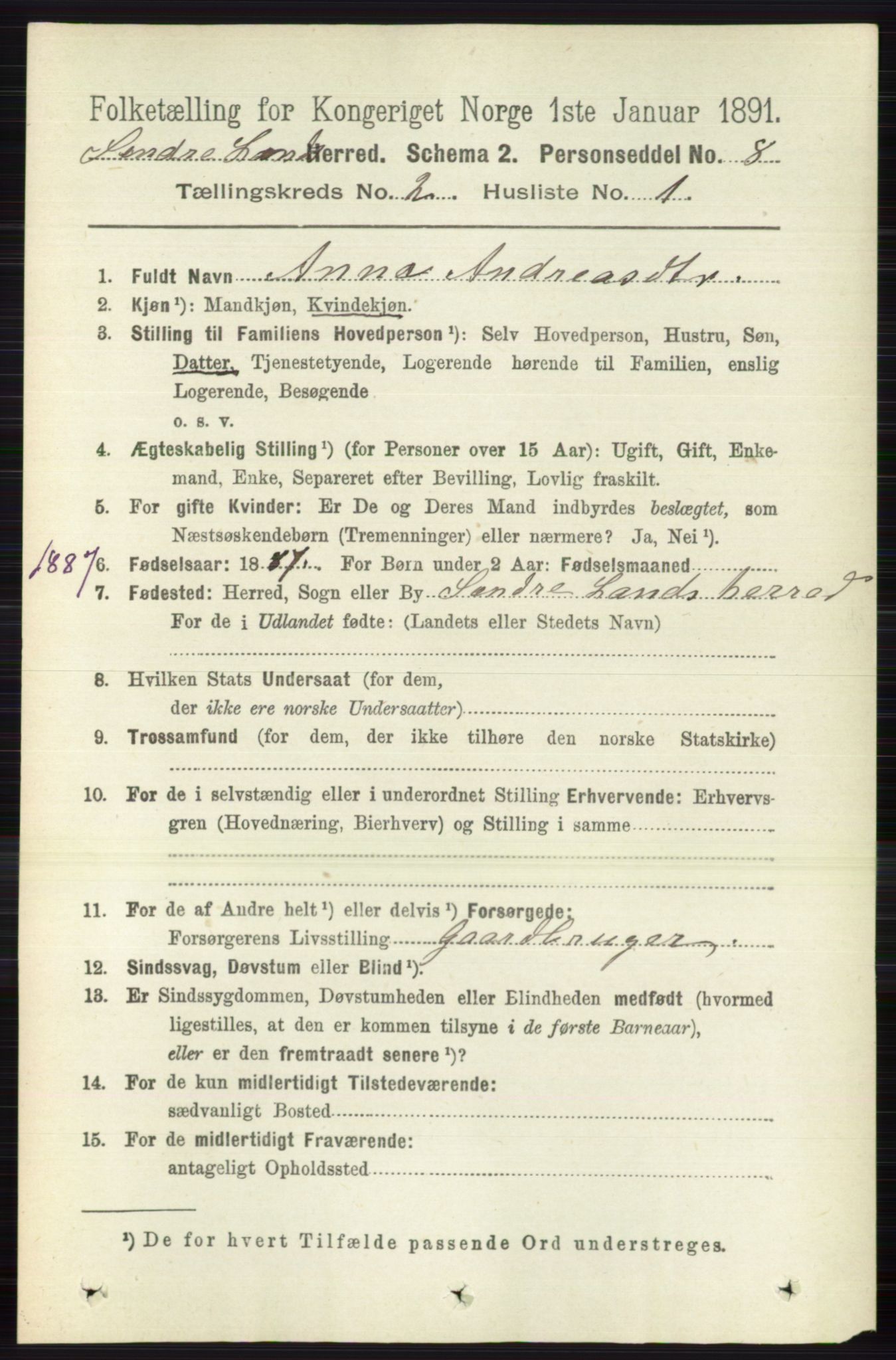 RA, 1891 census for 0536 Søndre Land, 1891, p. 1035