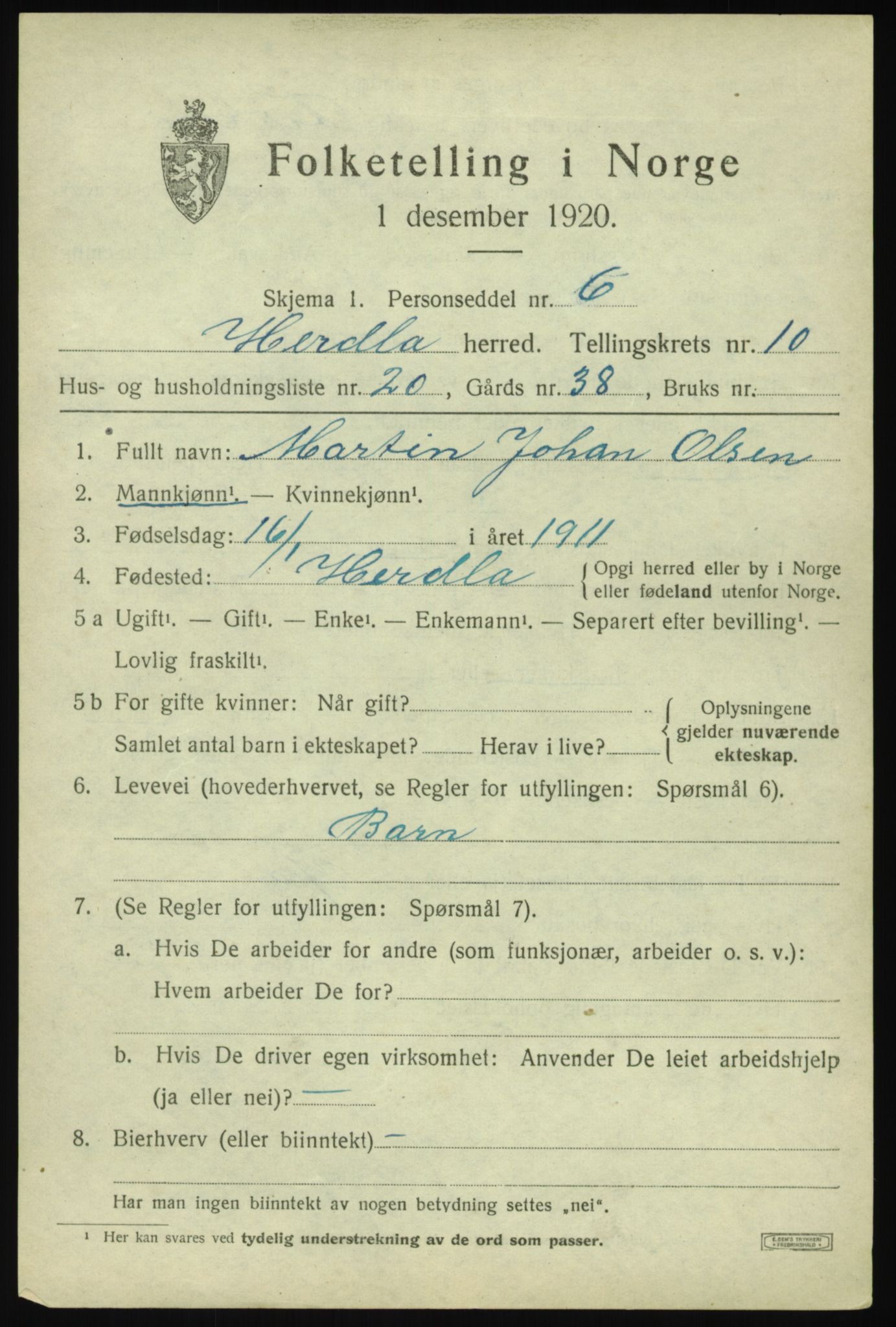 SAB, 1920 census for Herdla, 1920, p. 7519