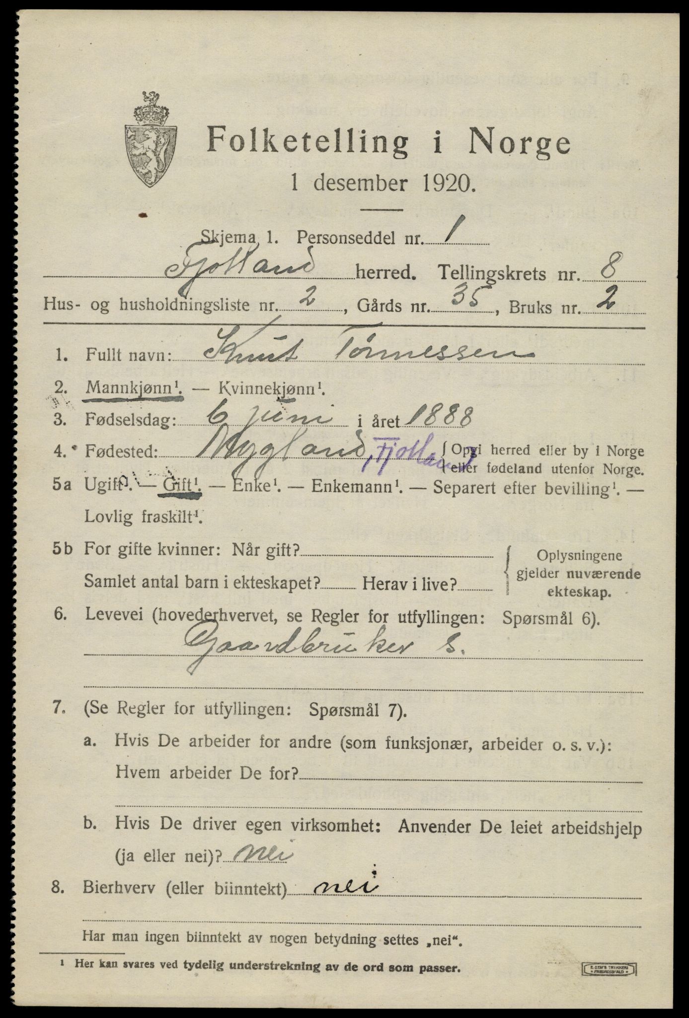 SAK, 1920 census for Fjotland, 1920, p. 2006