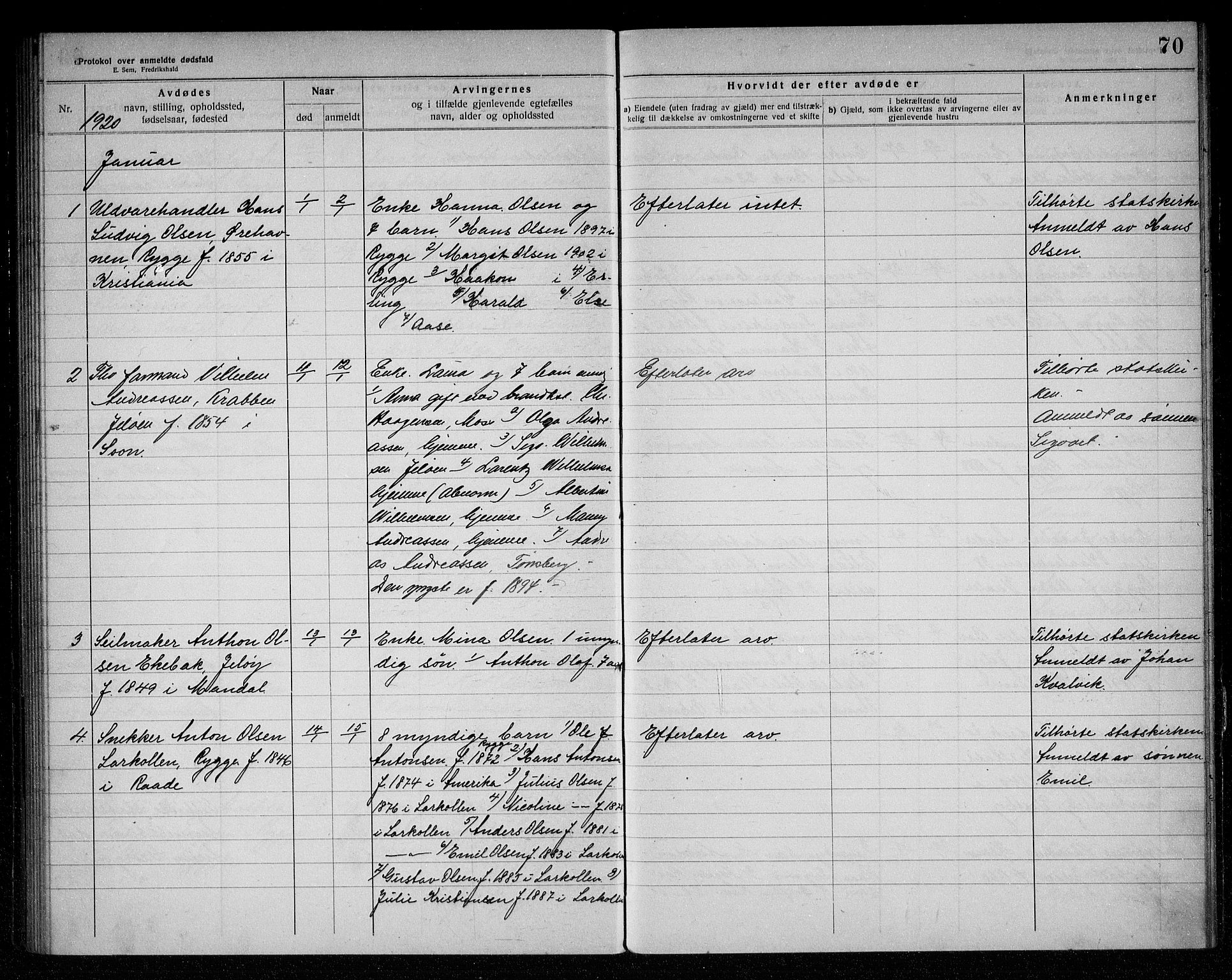 Rygge lensmannskontor, AV/SAO-A-10005/H/Ha/Haa/L0006: Dødsfallsprotokoll, 1916-1920, p. 70