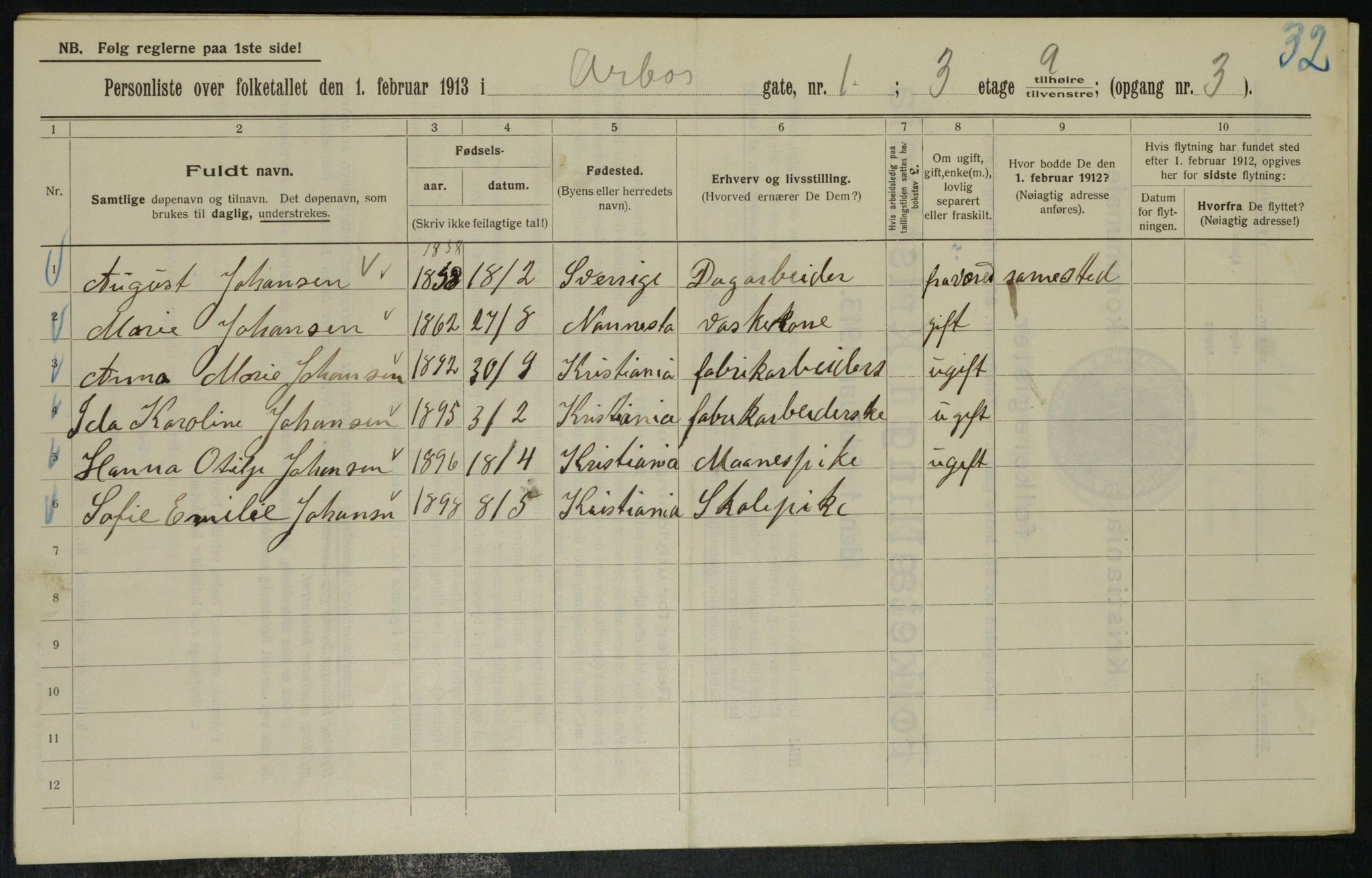 OBA, Municipal Census 1913 for Kristiania, 1913, p. 1621